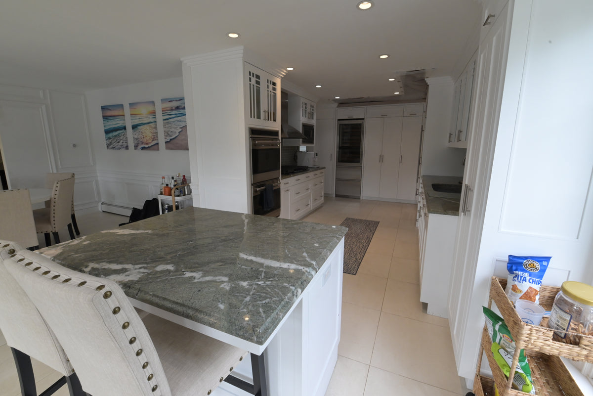 "The Roxbury" Transitional White Kitchen with Island & Sub-Zero Refrigerator