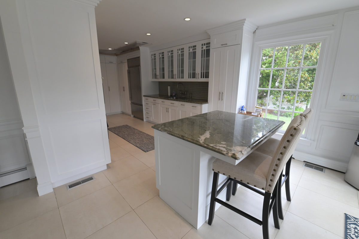 "The Roxbury" Transitional White Kitchen with Island & Sub-Zero Refrigerator