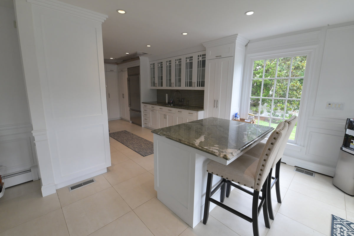 "The Roxbury" Transitional White Kitchen with Island & Sub-Zero Refrigerator