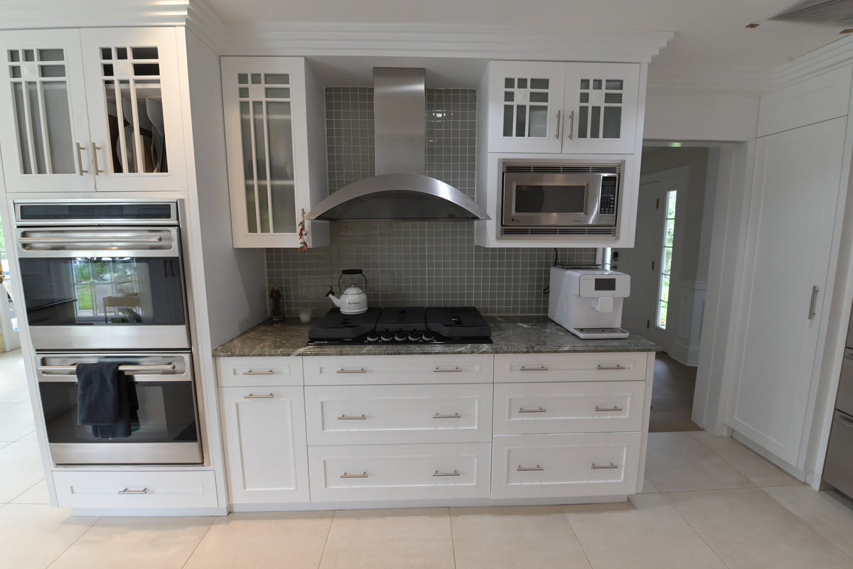 "The Roxbury" Transitional White Kitchen with Island & Sub-Zero Refrigerator