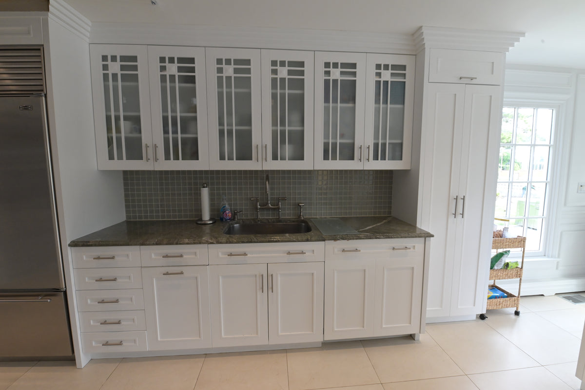 "The Roxbury" Transitional White Kitchen with Island & Sub-Zero Refrigerator
