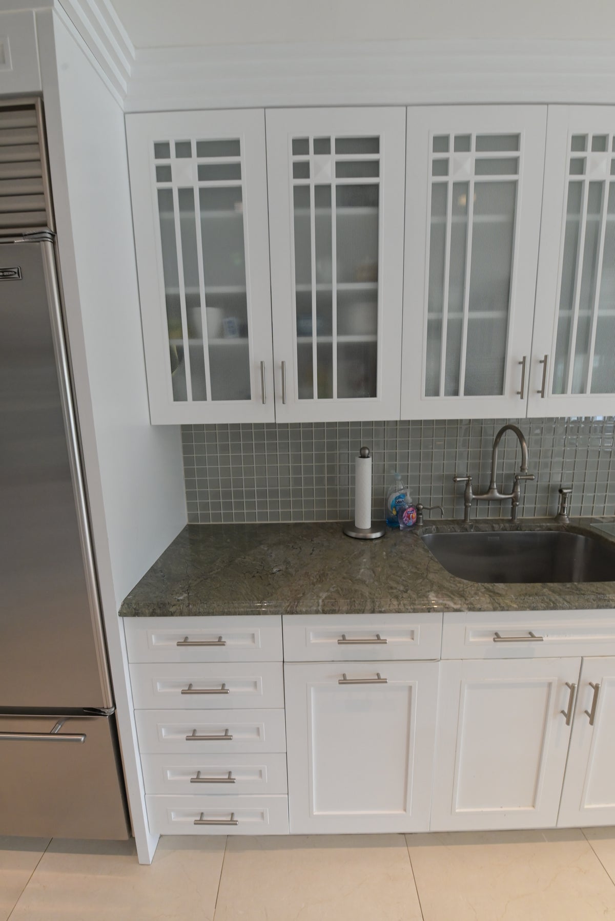 "The Roxbury" Transitional White Kitchen with Island & Sub-Zero Refrigerator