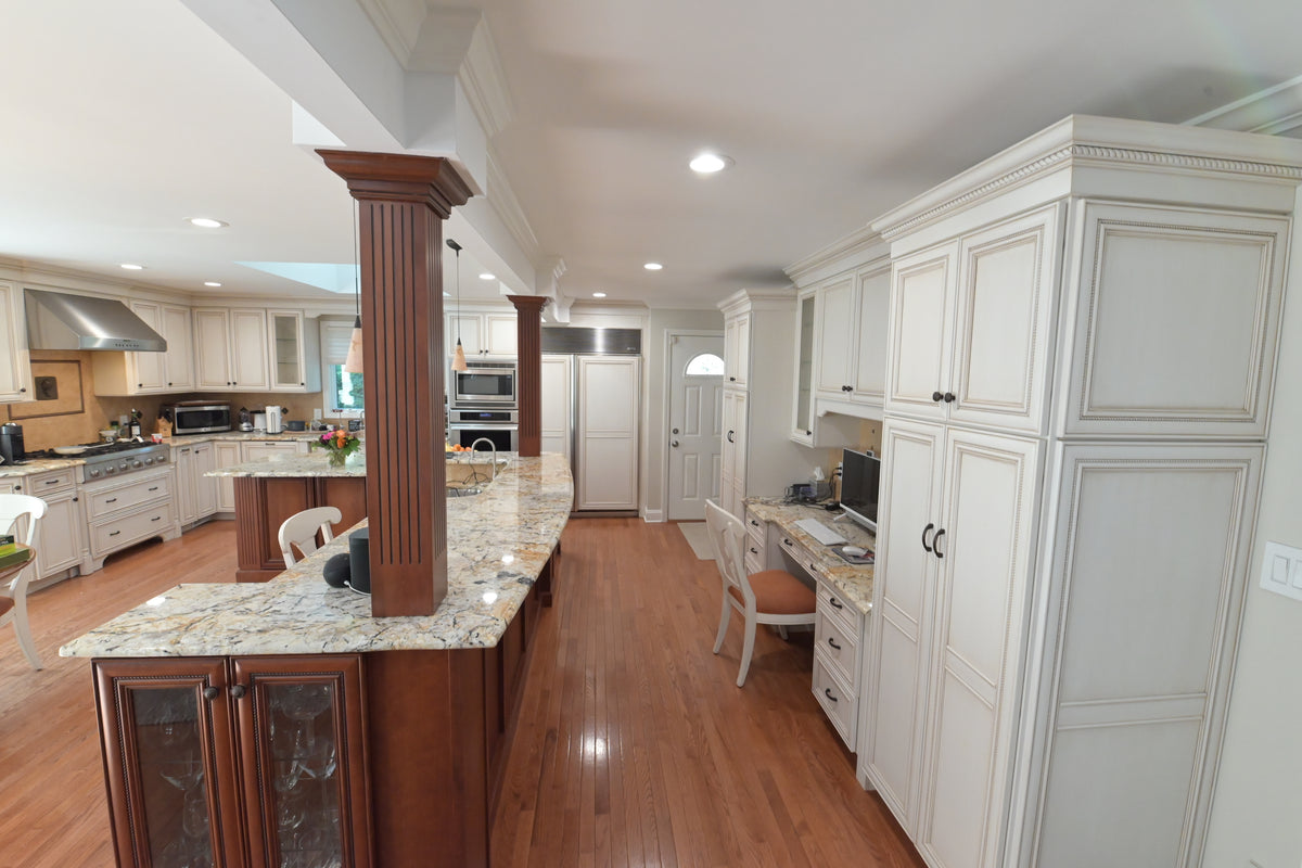 "The Chester" Traditional White Kitchen with Island, Desk Area & Appliances