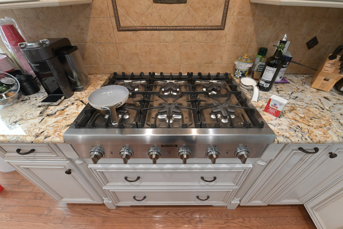 "The Chester" Traditional White Kitchen with Island, Desk Area & Appliances