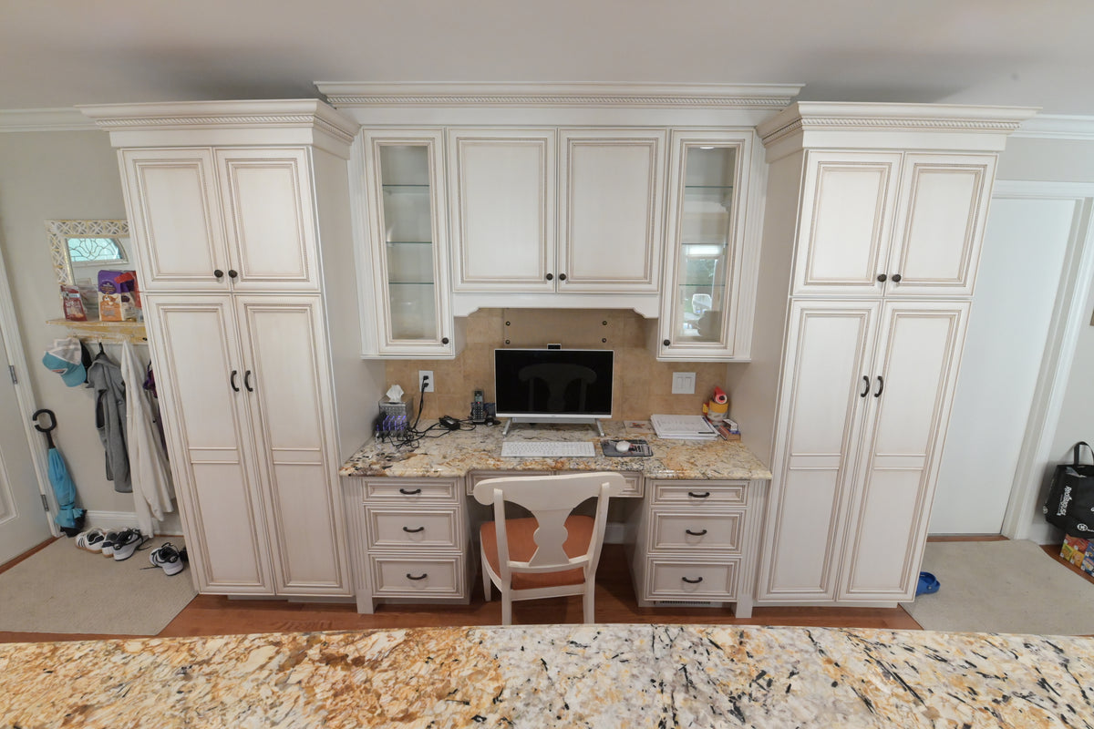 "The Chester" Traditional White Kitchen with Island, Desk Area & Appliances