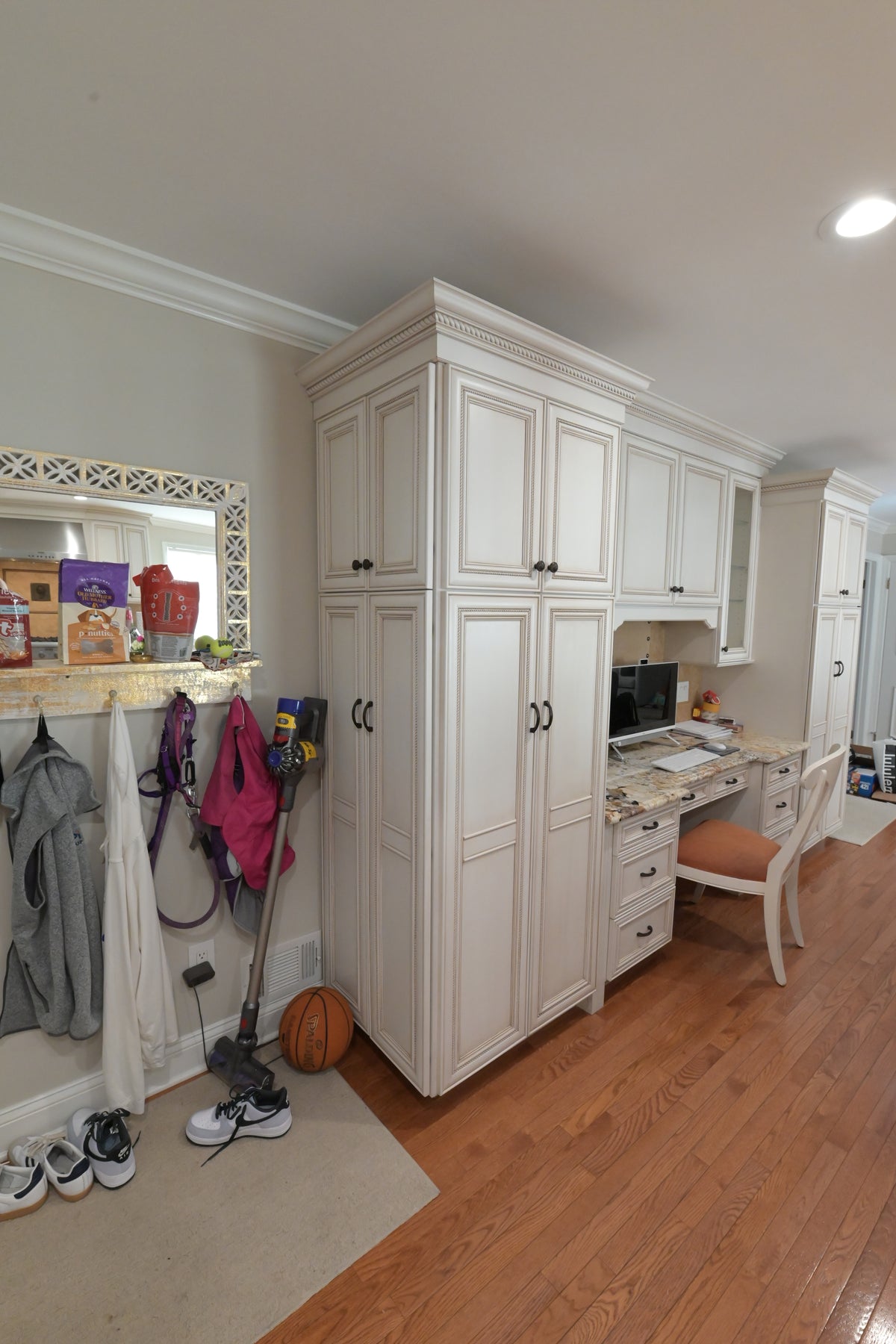 "The Chester" Traditional White Kitchen with Island, Desk Area & Appliances