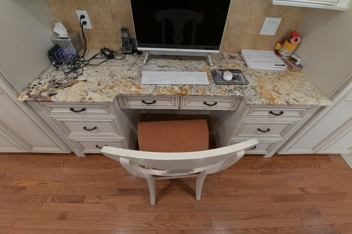 "The Chester" Traditional White Kitchen with Island, Desk Area & Appliances