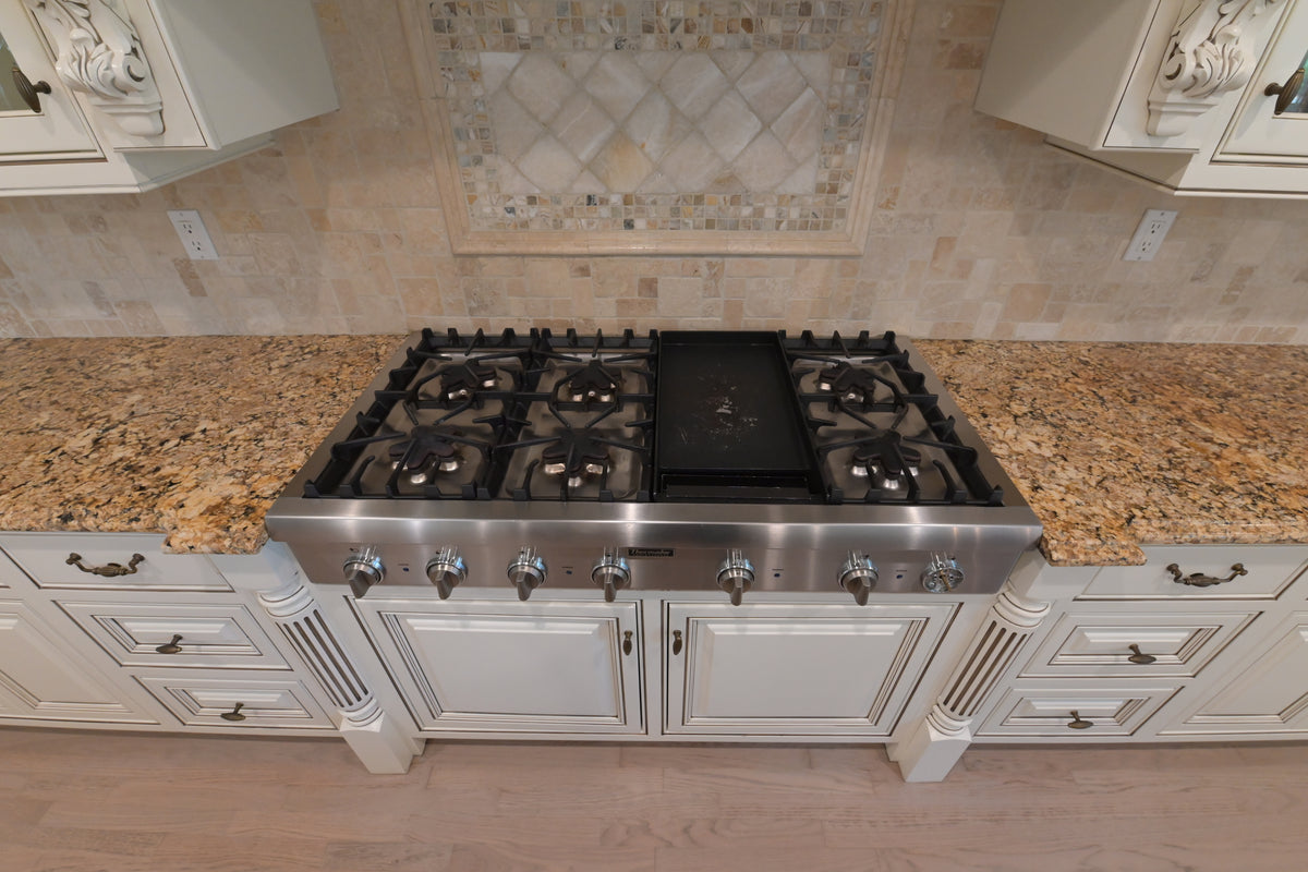 "The Montacute" Traditional Off White Kitchen with Wood Island & Appliances