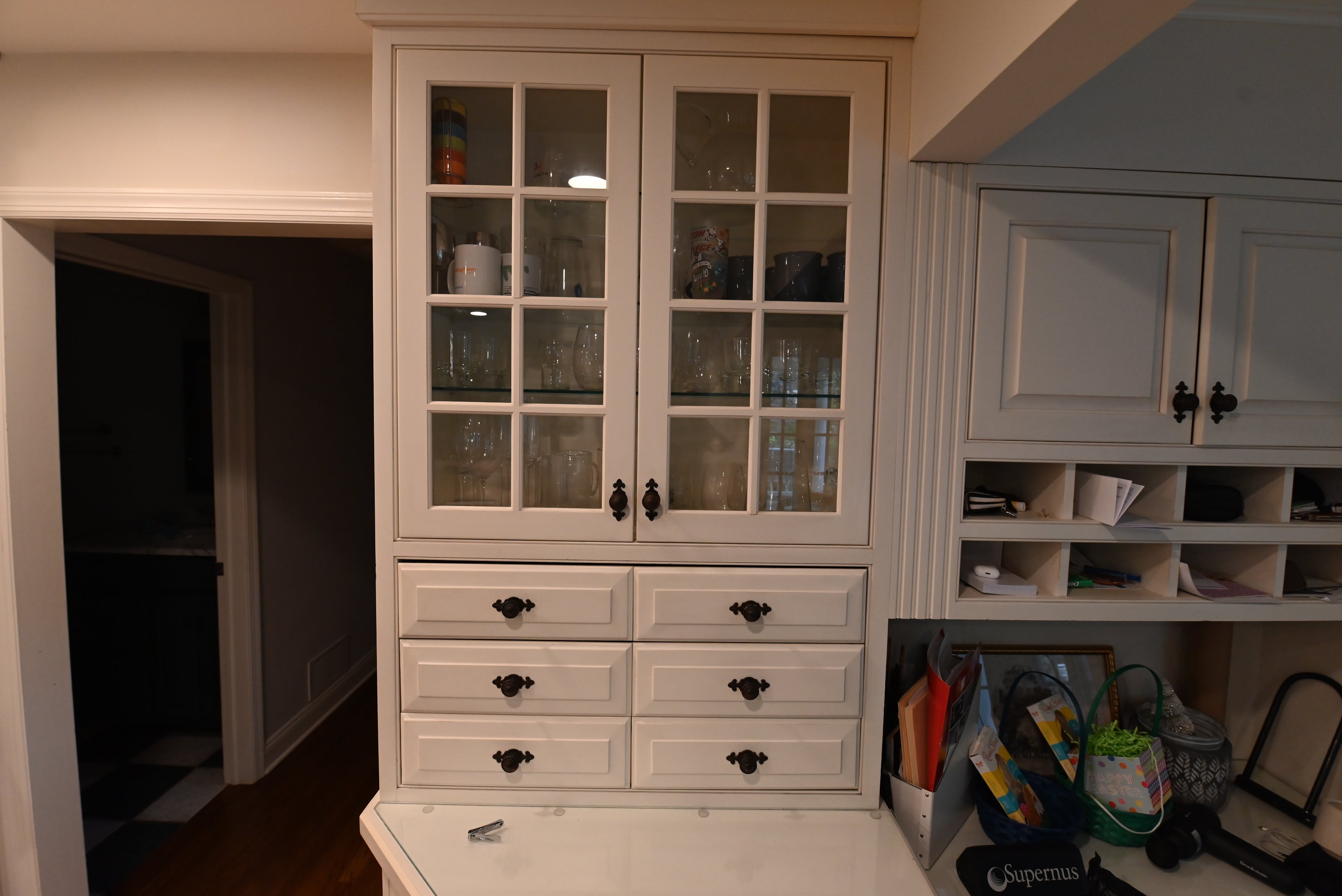 Plain & Fancy White Kitchen with Side Pantry & Appliances