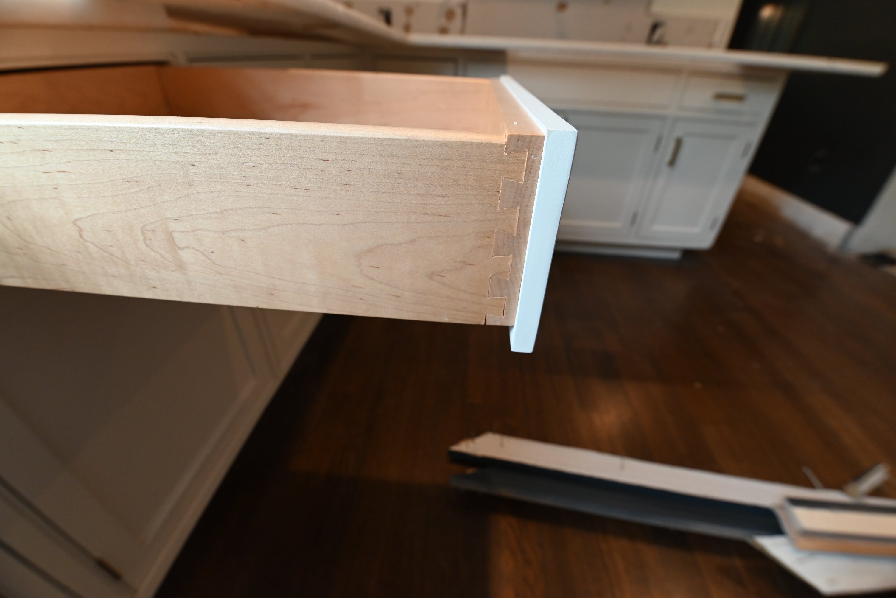 Prevo Transitional White Complete Kitchen Cabinets with Brown Wooden Island