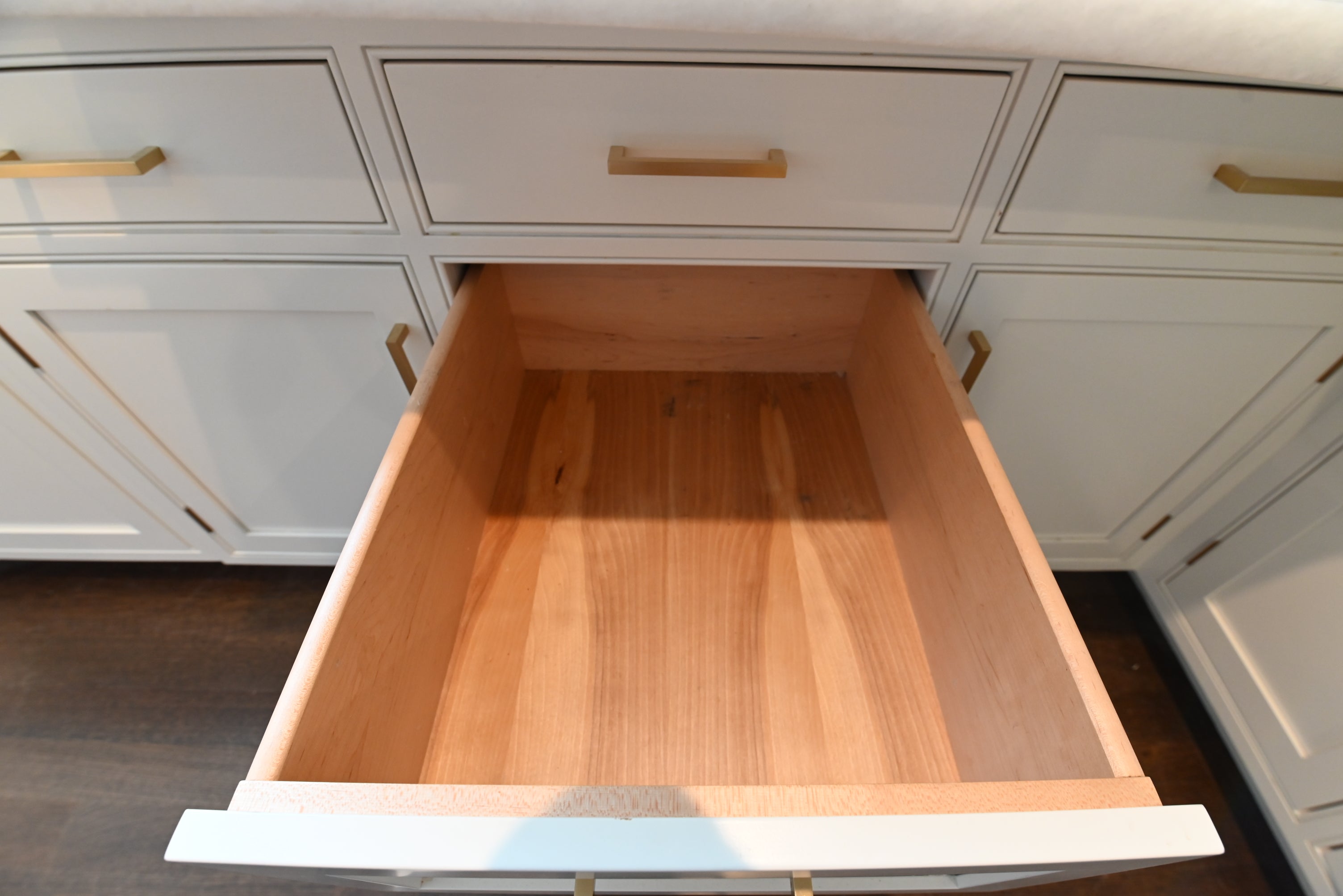 Prevo Transitional White Complete Kitchen Cabinets with Brown Wooden Island