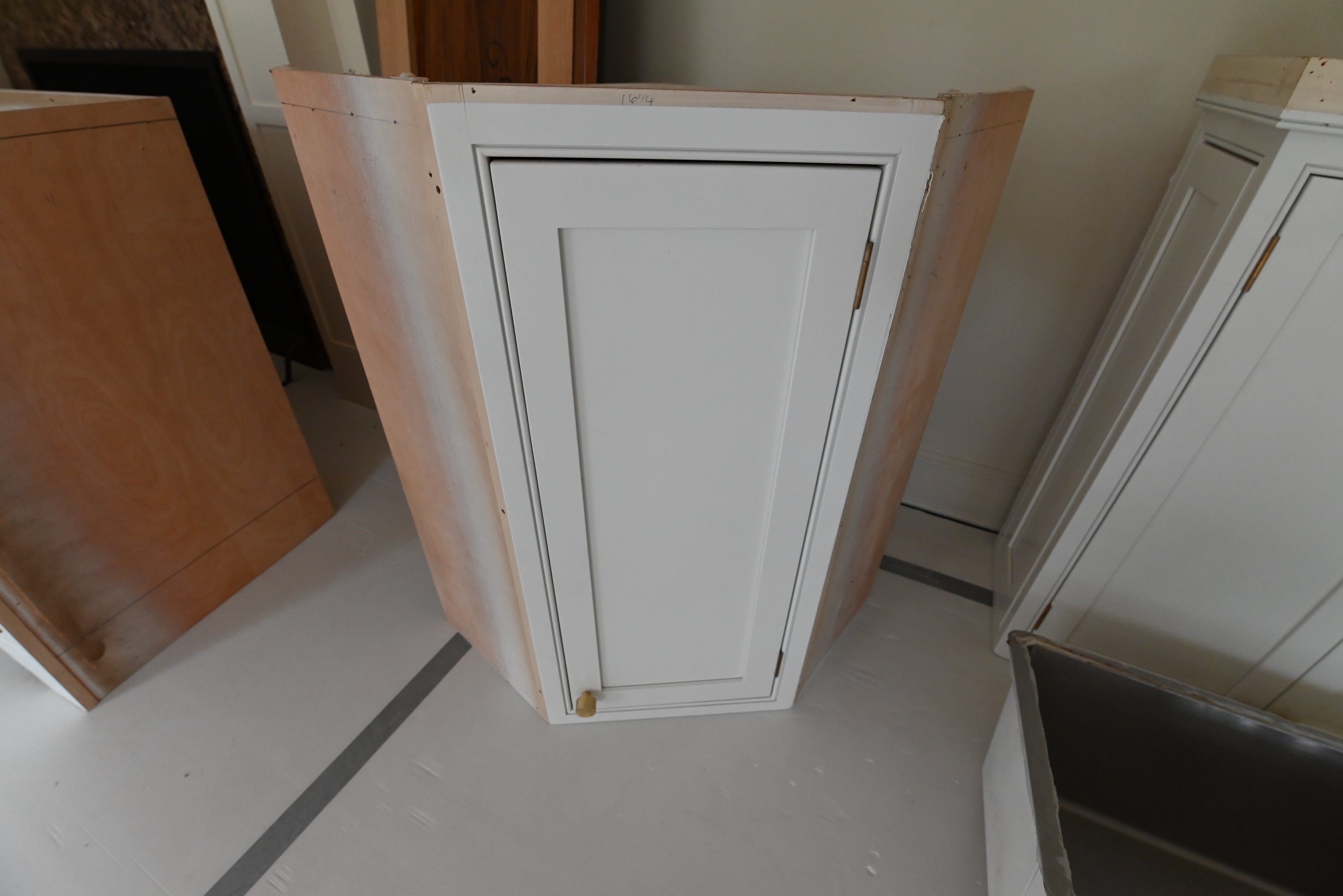 Prevo Transitional White Complete Kitchen Cabinets with Brown Wooden Island