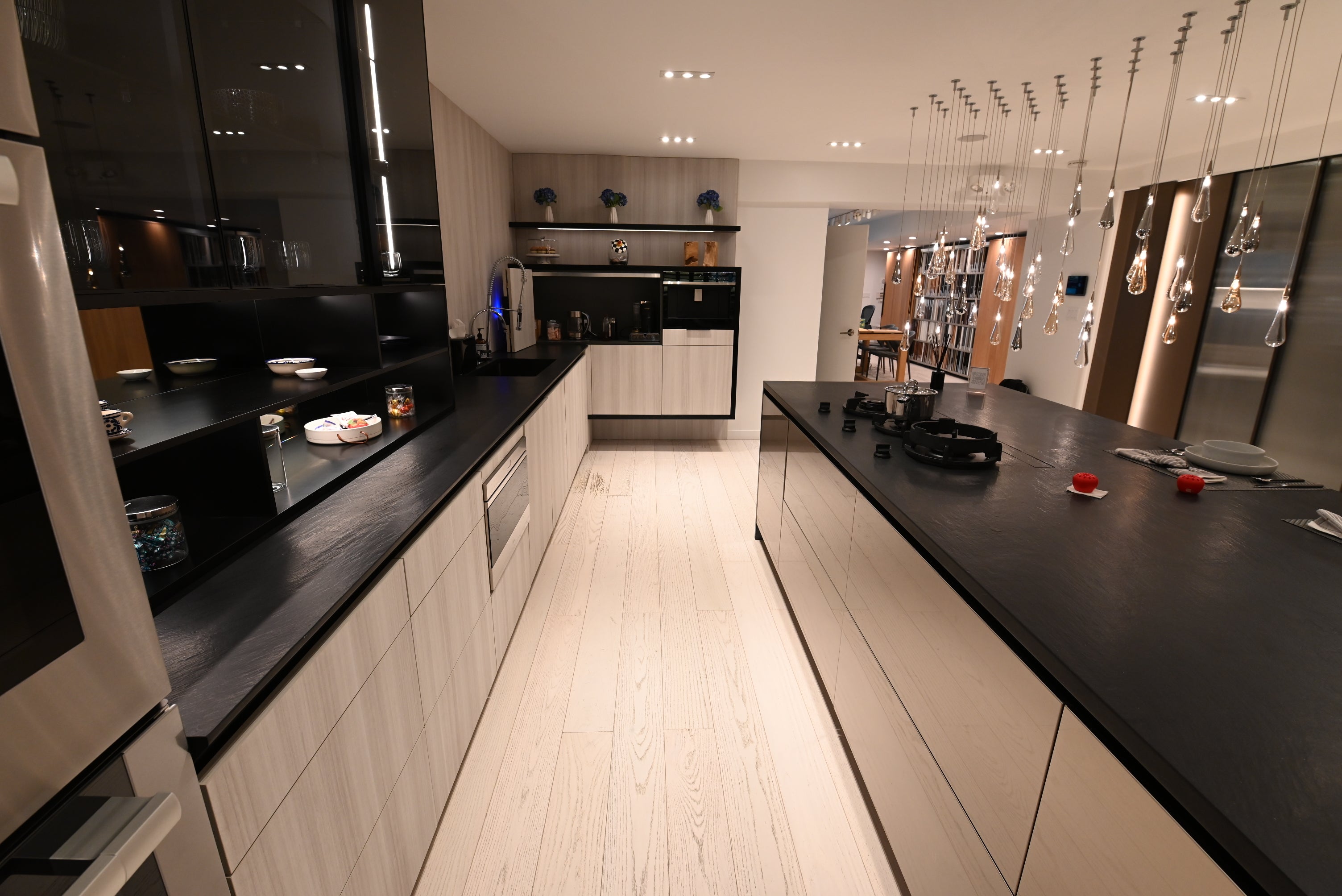 DOCA Modern Wood Veneer Black Kitchen with Island & Appliances