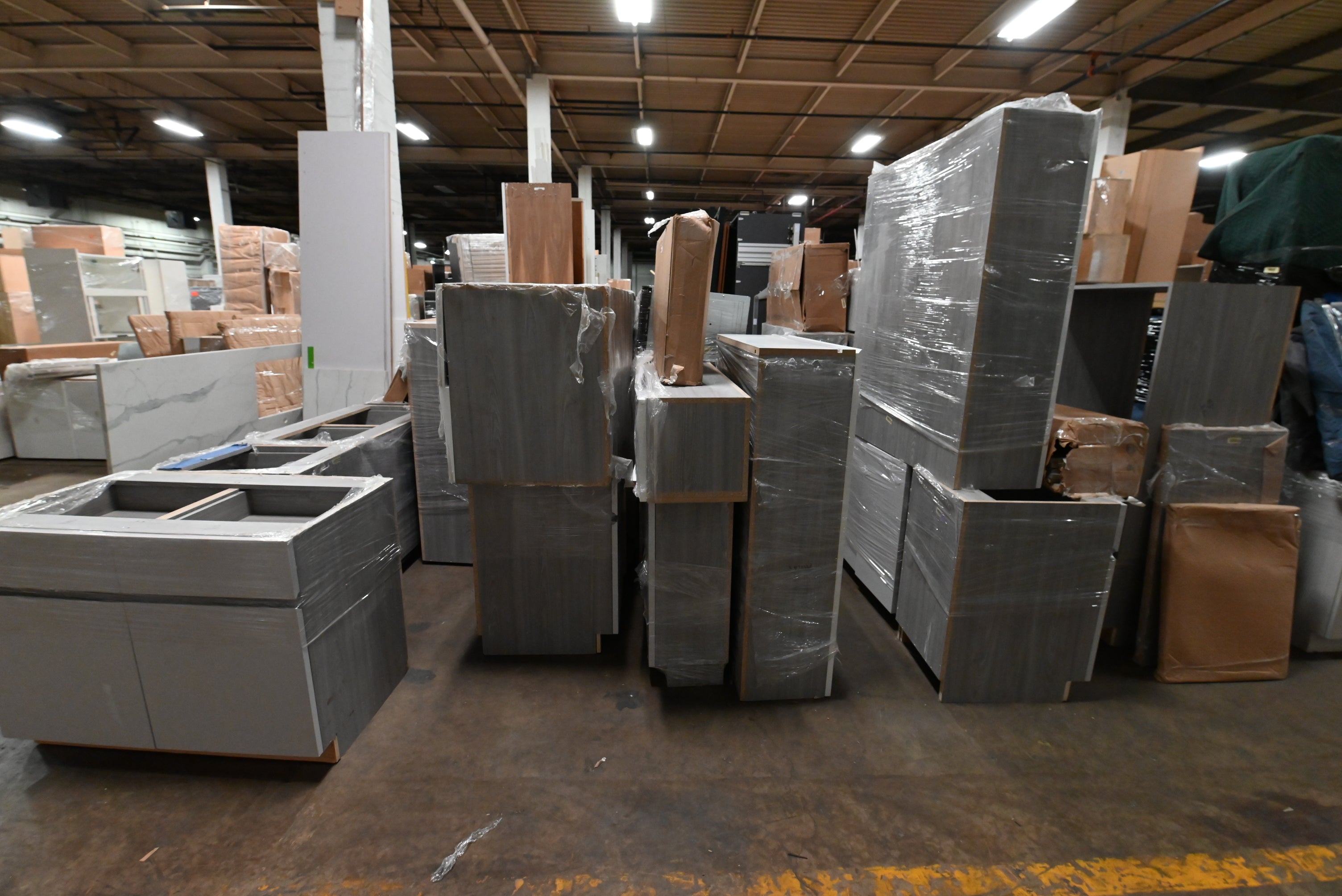 "The Strata" Modern White Textured Wood Kitchen with Island and Quartz Countertops