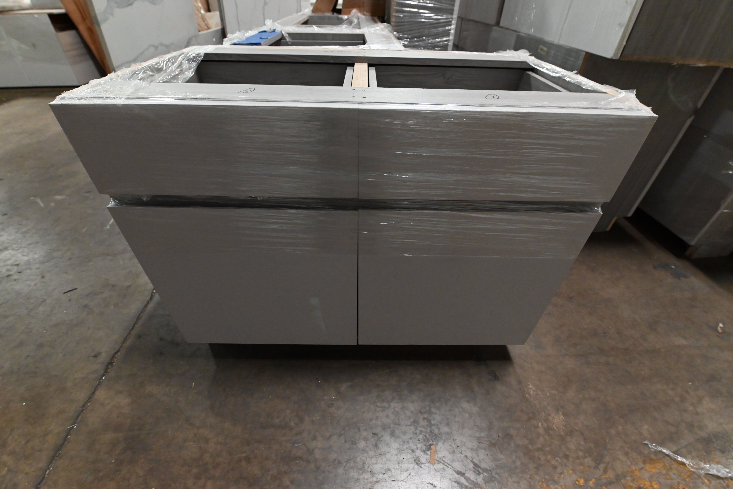 "The Strata" Modern White Textured Wood Kitchen with Island and Quartz Countertops