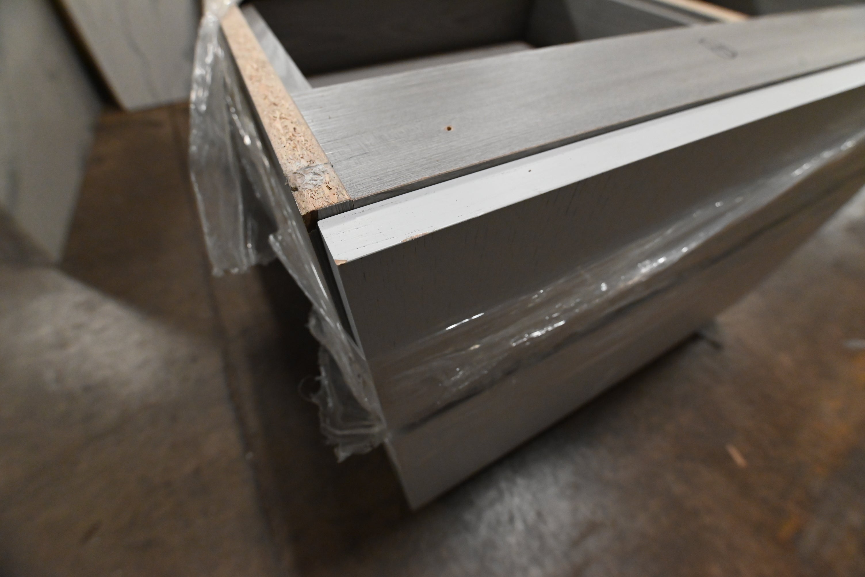 "The Strata" Modern White Textured Wood Kitchen with Island and Quartz Countertops