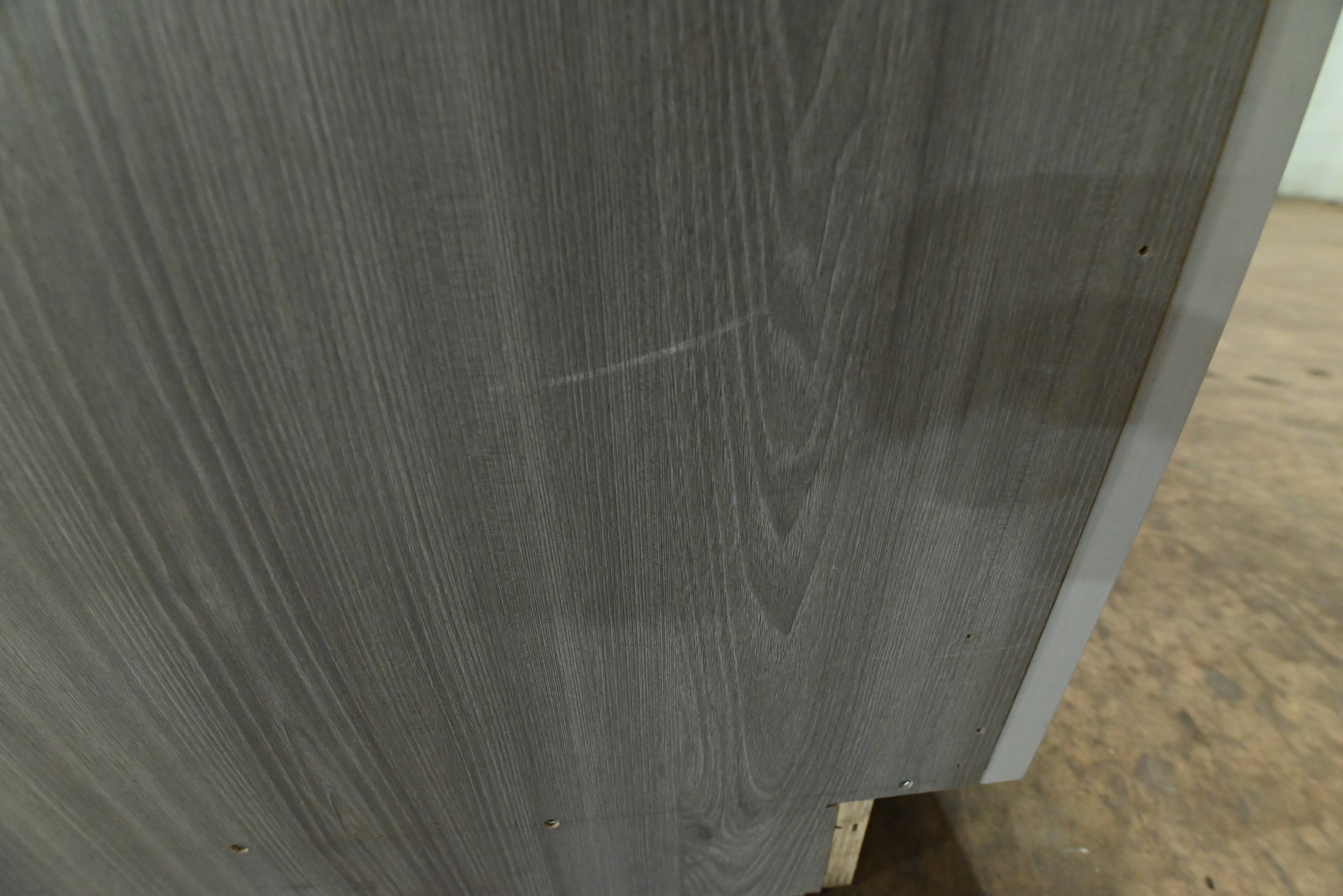 "The Strata" Modern White Textured Wood Kitchen with Island and Quartz Countertops