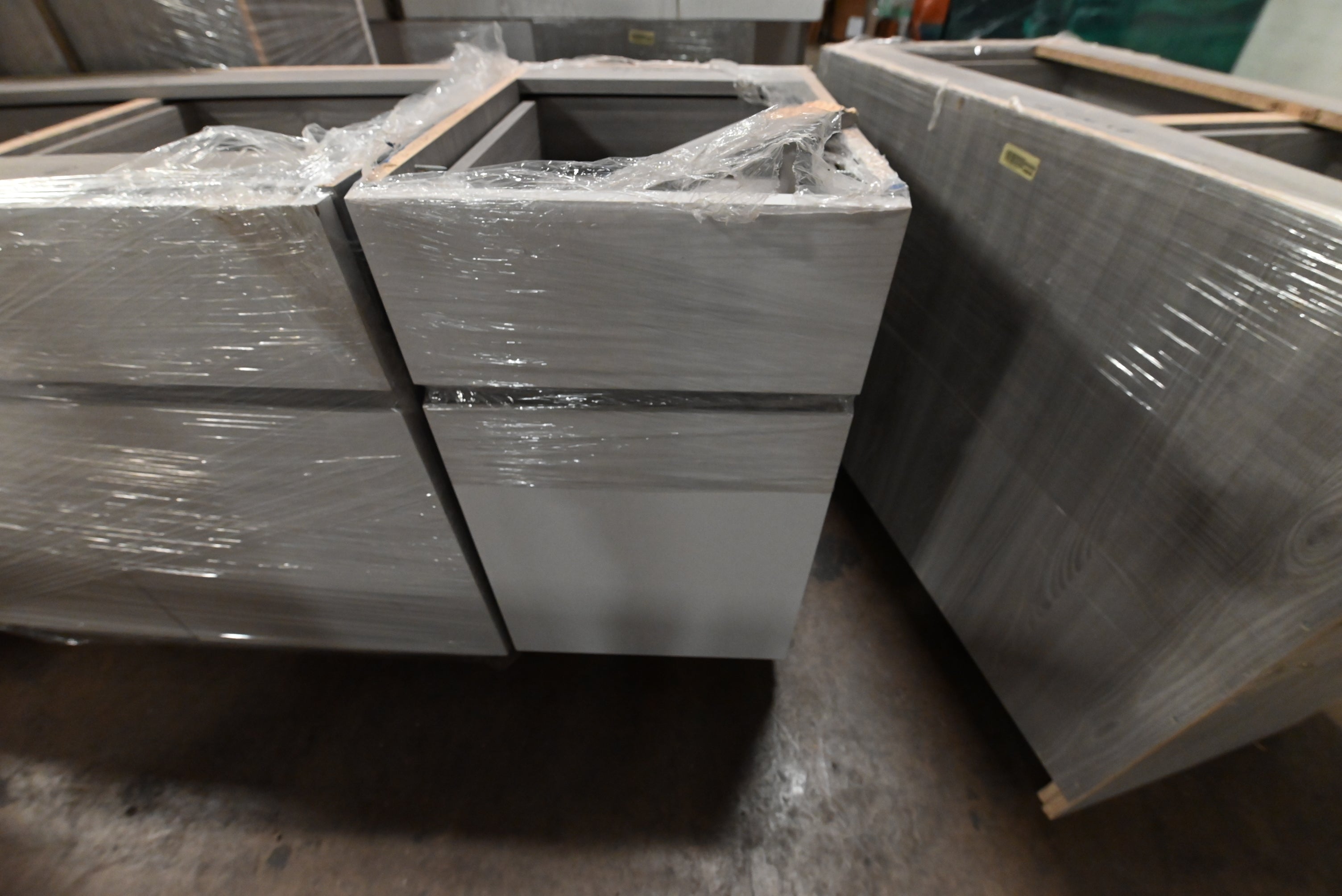 "The Strata" Modern White Textured Wood Kitchen with Island and Quartz Countertops