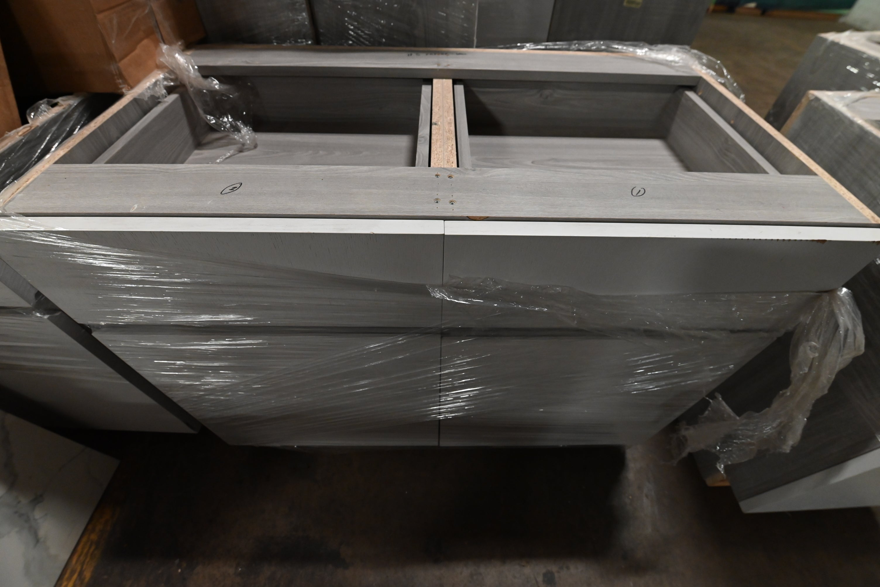 "The Strata" Modern White Textured Wood Kitchen with Island and Quartz Countertops