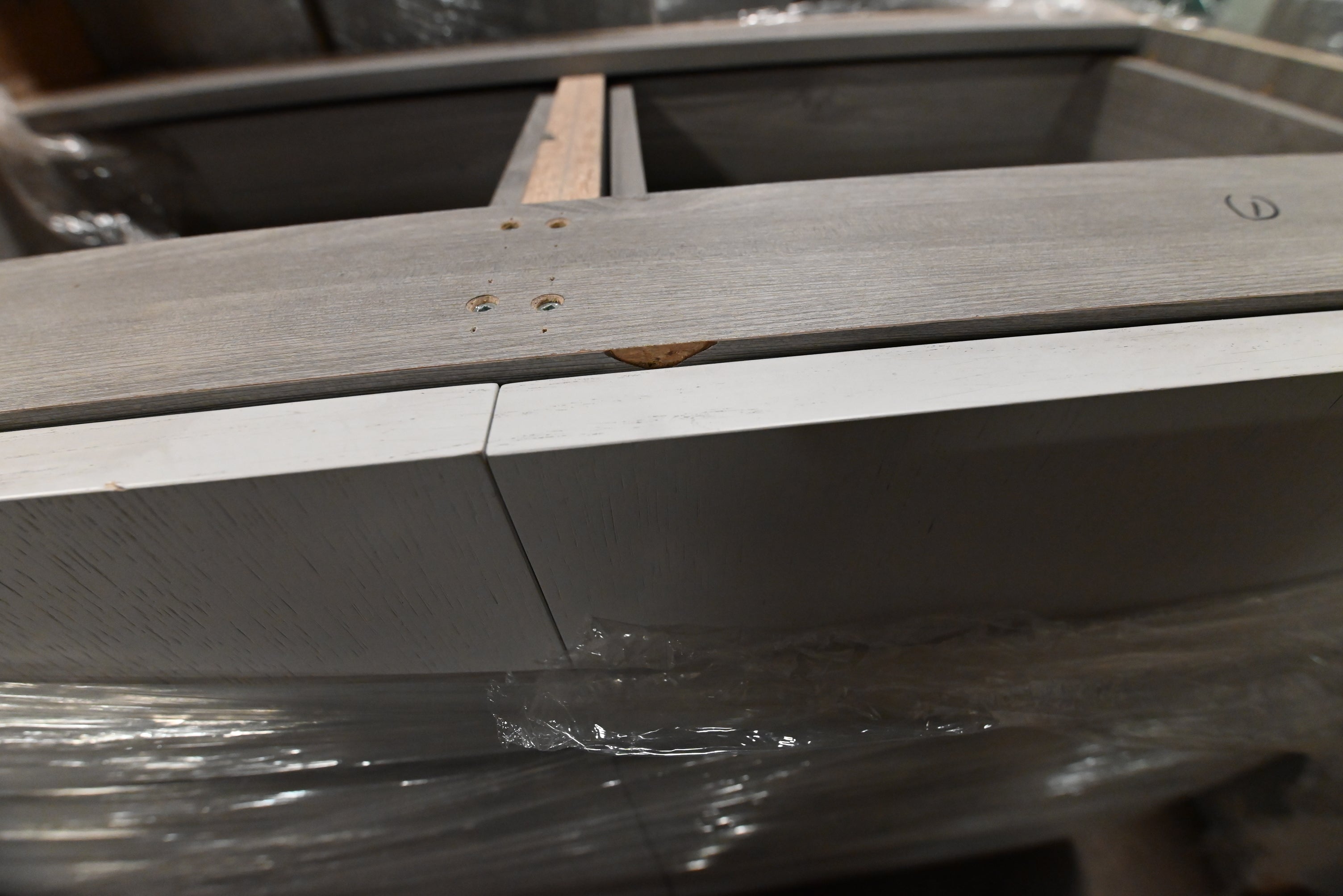 "The Strata" Modern White Textured Wood Kitchen with Island and Quartz Countertops