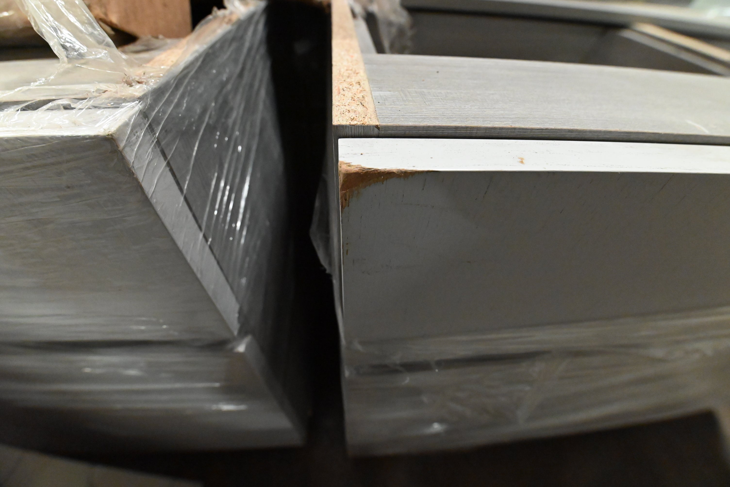 "The Strata" Modern White Textured Wood Kitchen with Island and Quartz Countertops