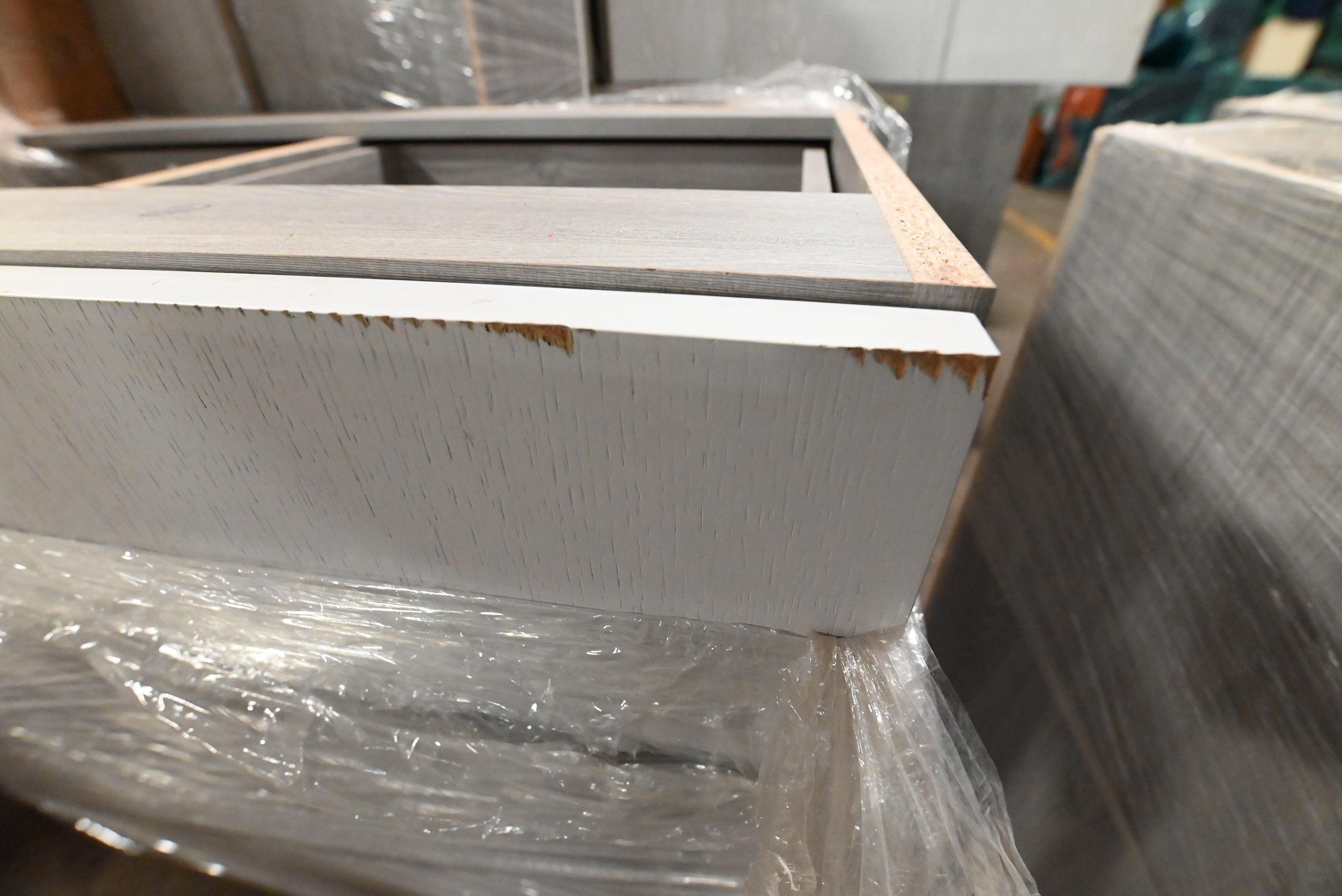 "The Strata" Modern White Textured Wood Kitchen with Island and Quartz Countertops