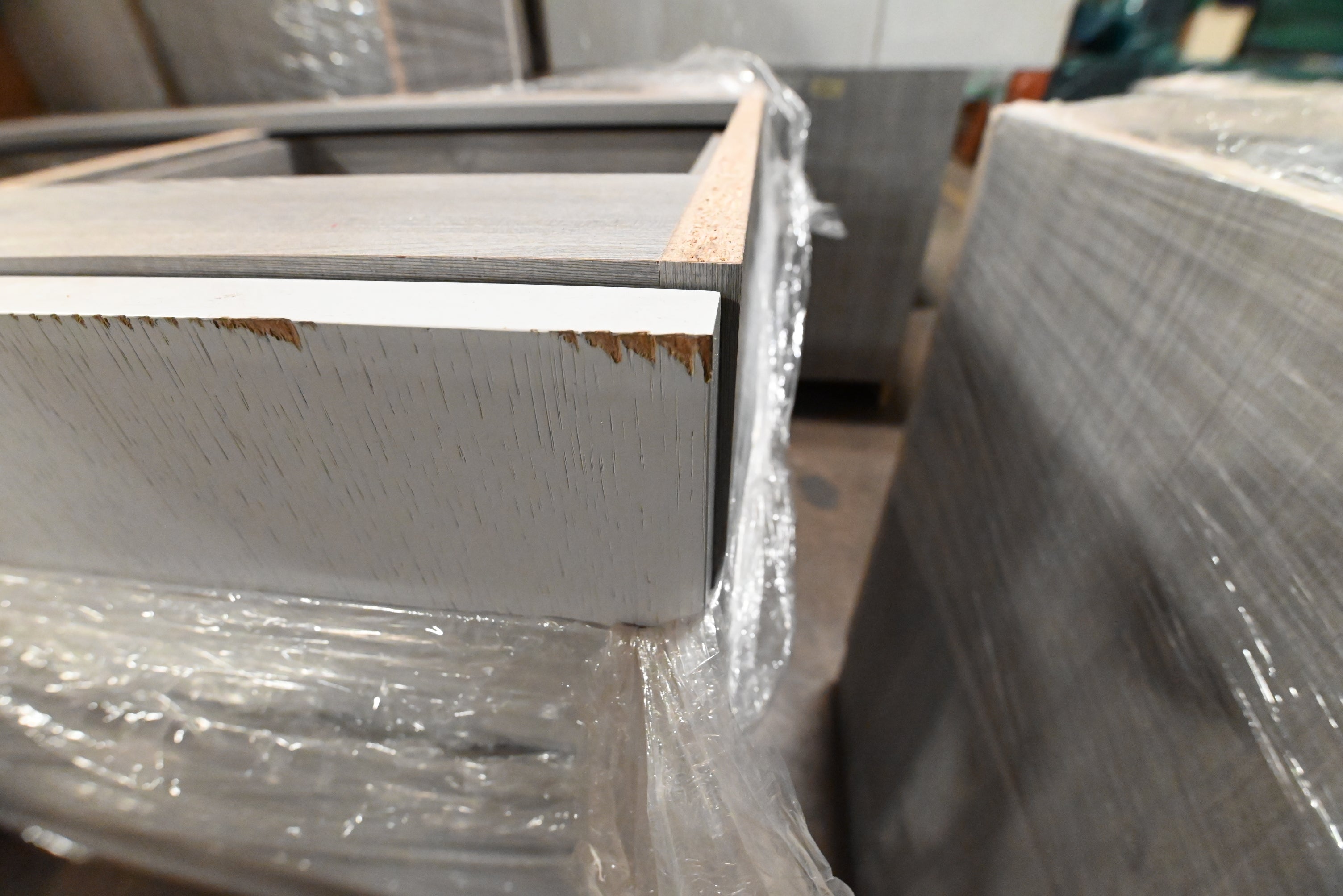 "The Strata" Modern White Textured Wood Kitchen with Island and Quartz Countertops