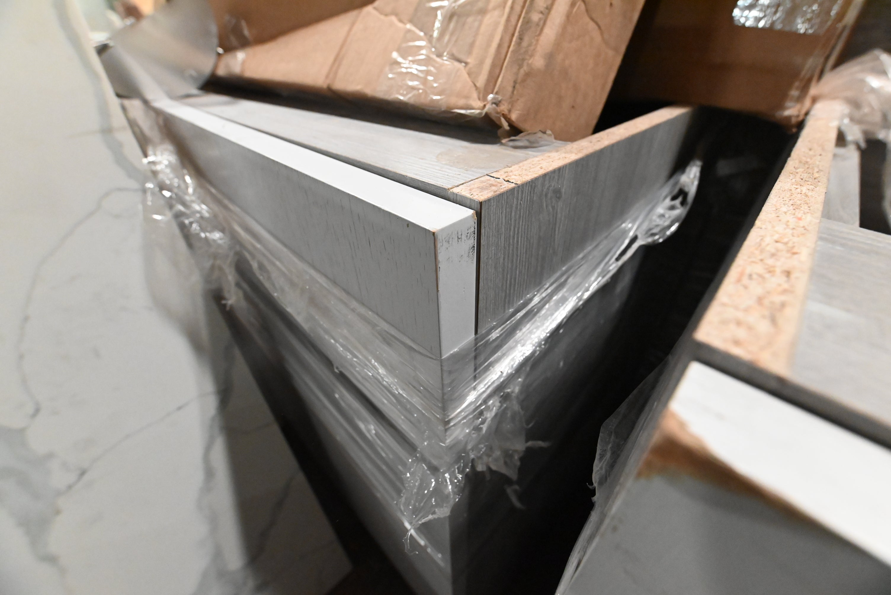 "The Strata" Modern White Textured Wood Kitchen with Island and Quartz Countertops