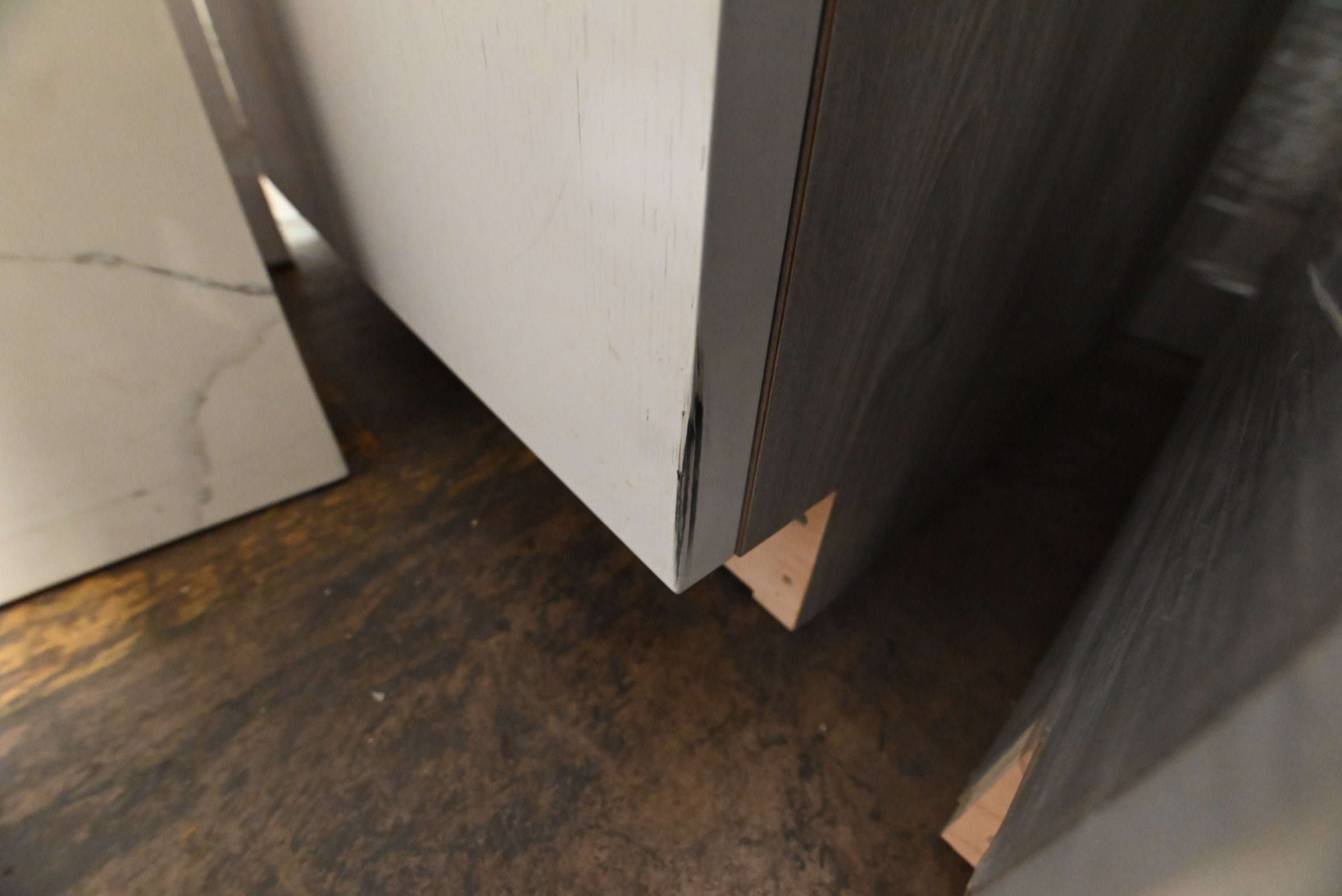 "The Strata" Modern White Textured Wood Kitchen with Island and Quartz Countertops