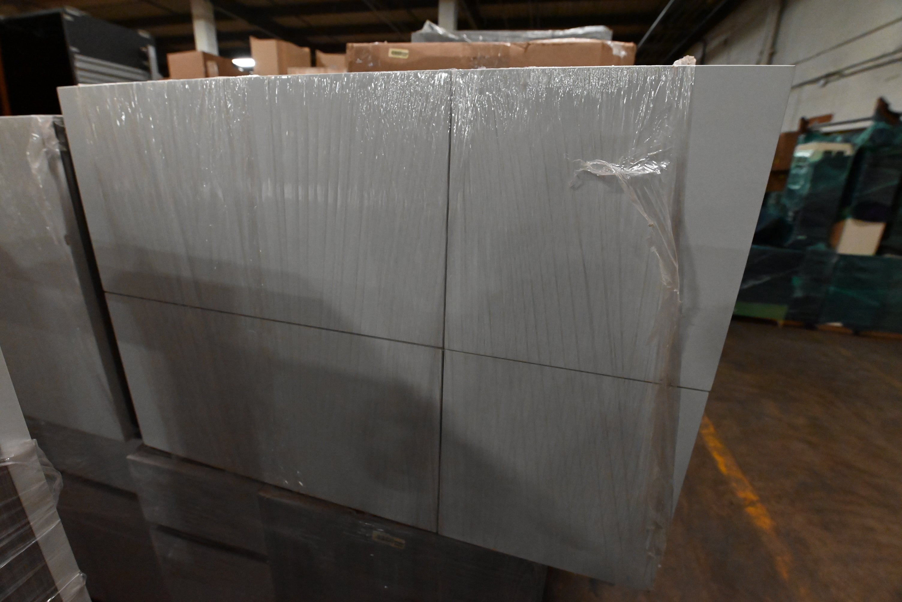 "The Strata" Modern White Textured Wood Kitchen with Island and Quartz Countertops