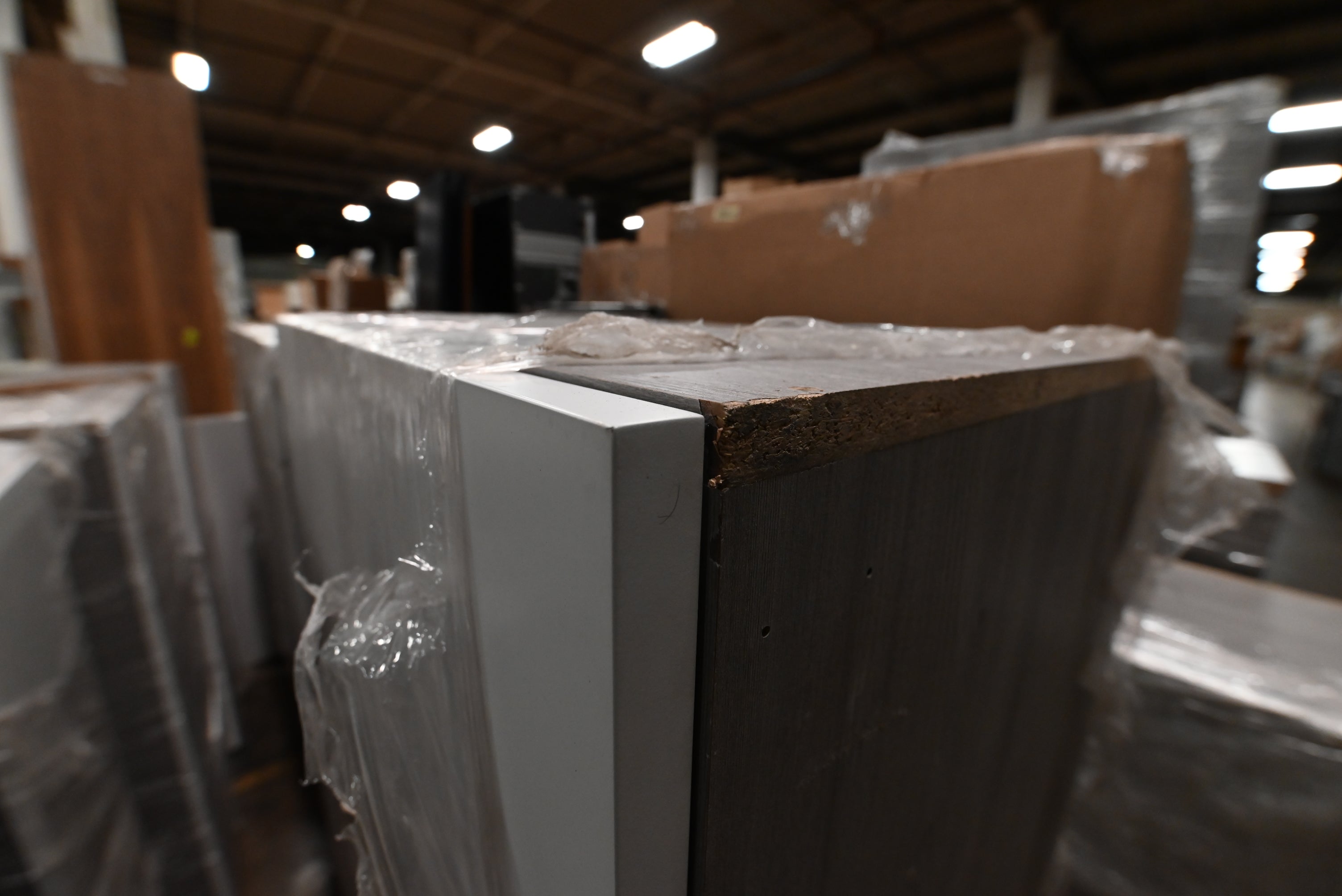 "The Strata" Modern White Textured Wood Kitchen with Island and Quartz Countertops