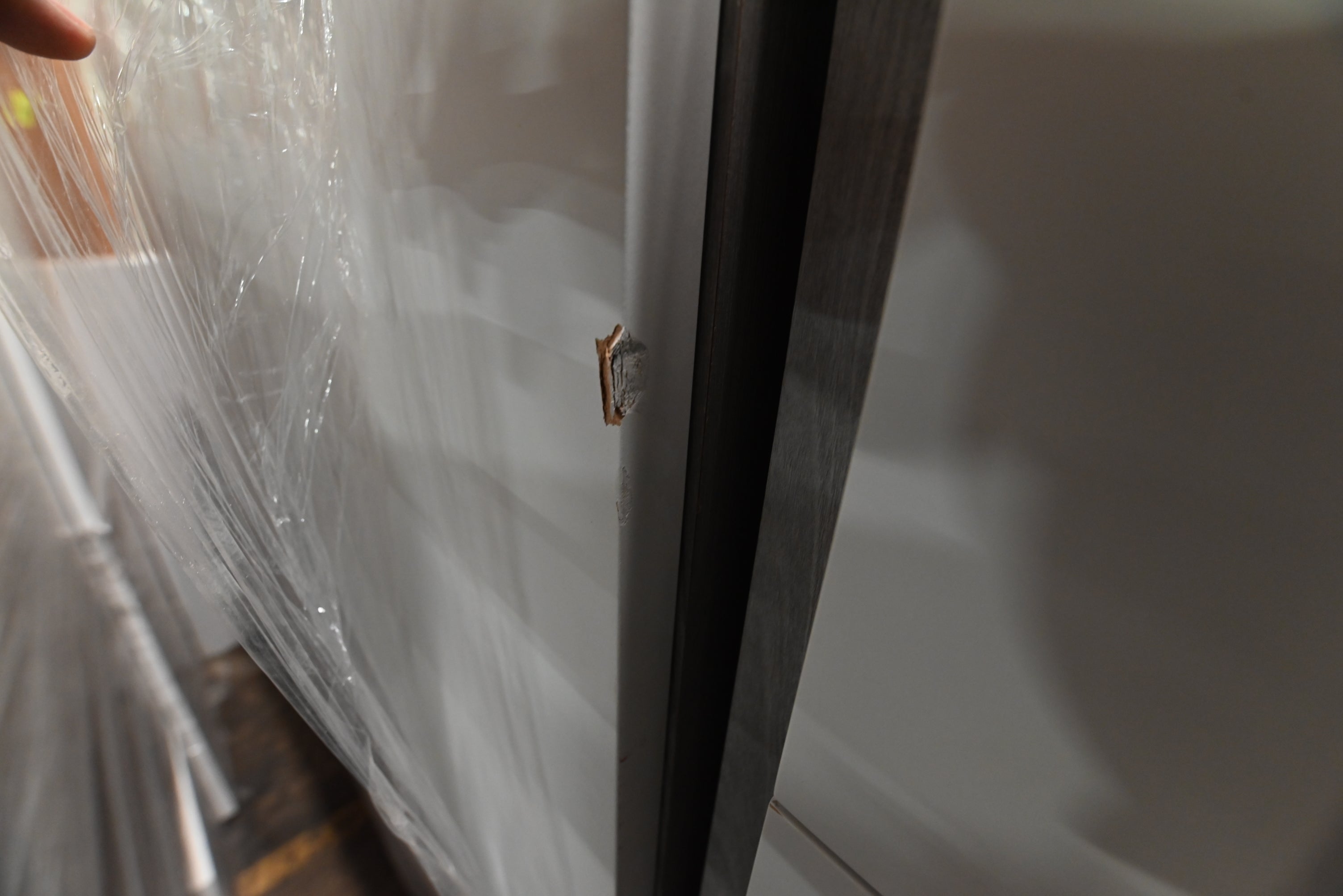 "The Strata" Modern White Textured Wood Kitchen with Island and Quartz Countertops