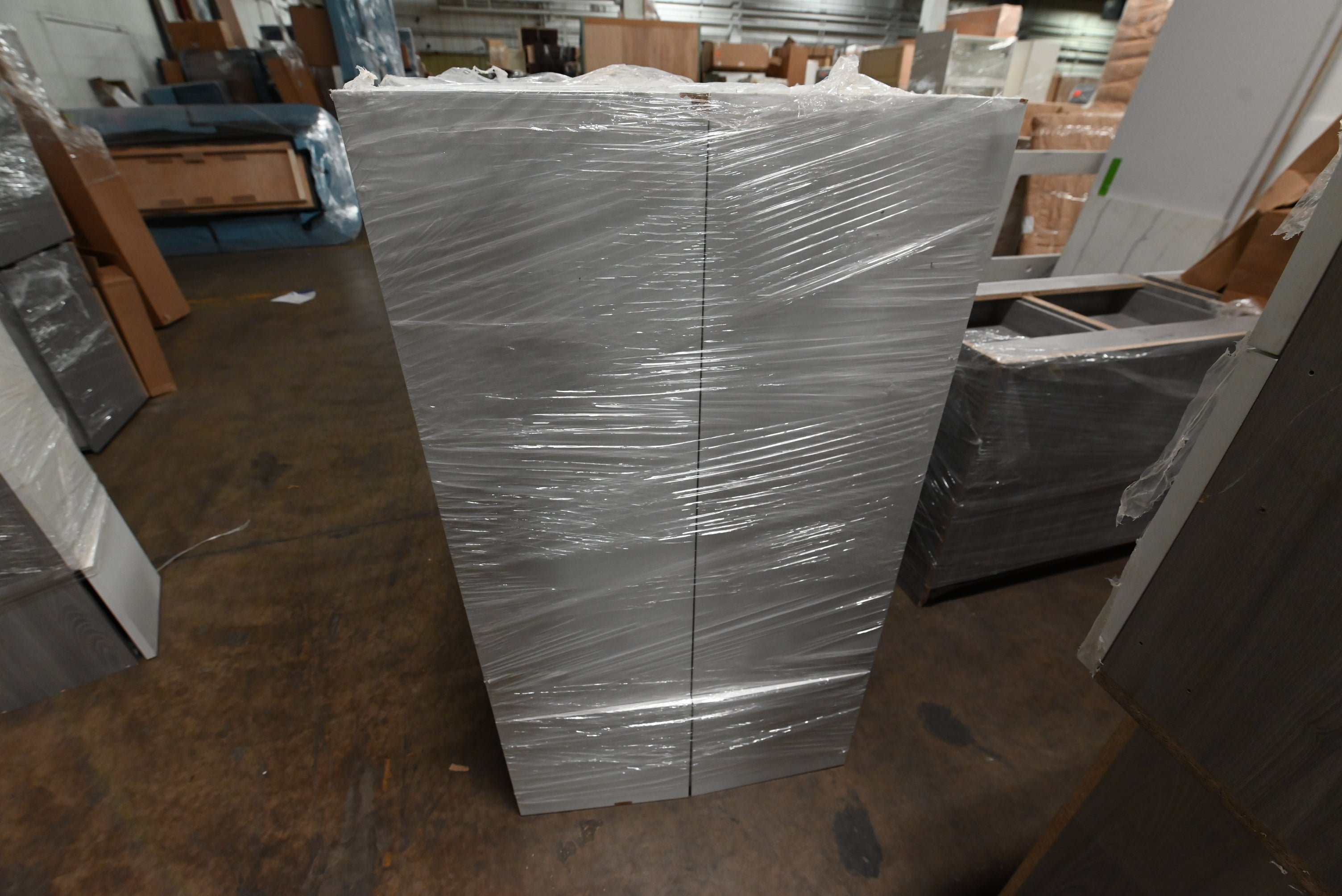 "The Strata" Modern White Textured Wood Kitchen with Island and Quartz Countertops