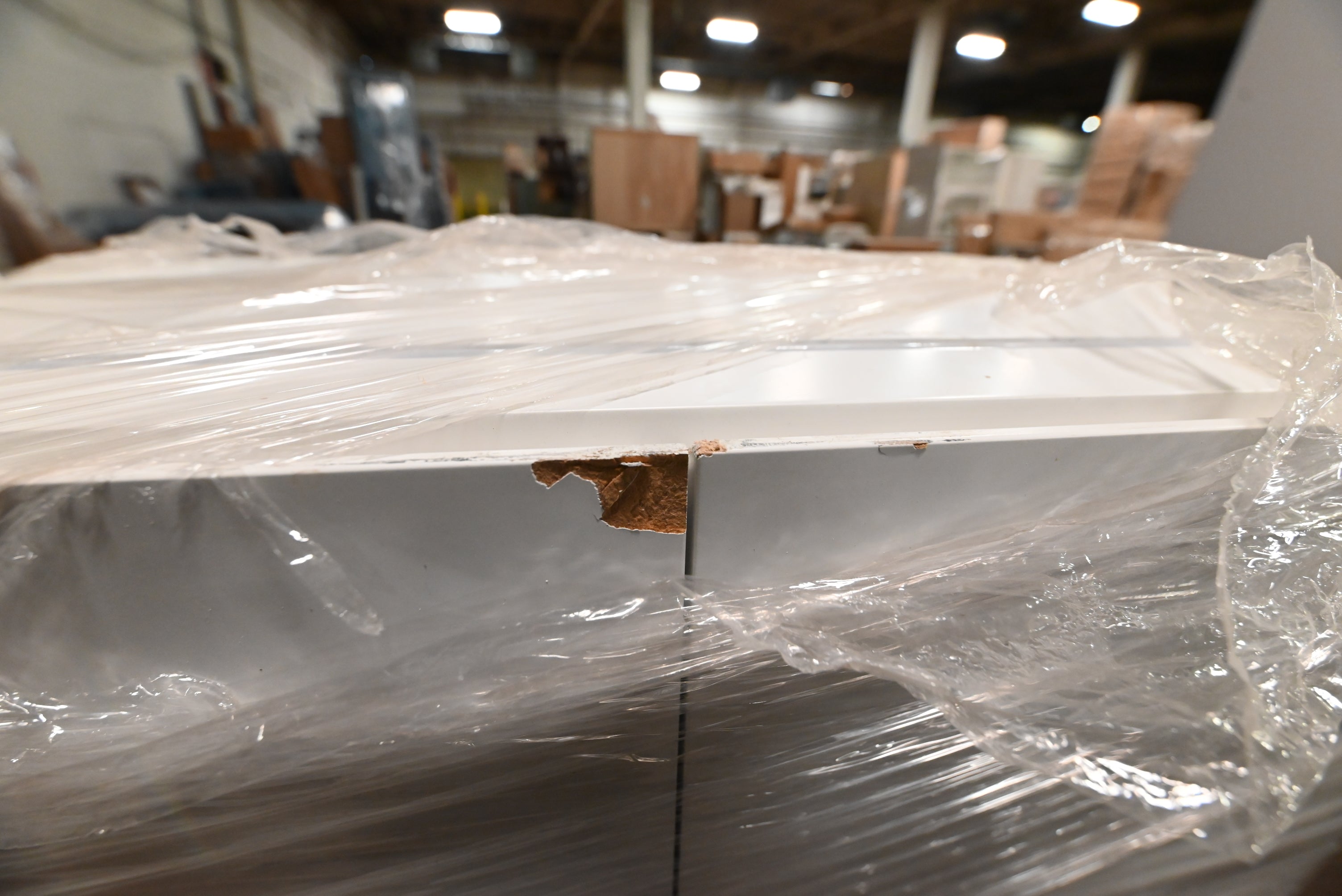 "The Strata" Modern White Textured Wood Kitchen with Island and Quartz Countertops
