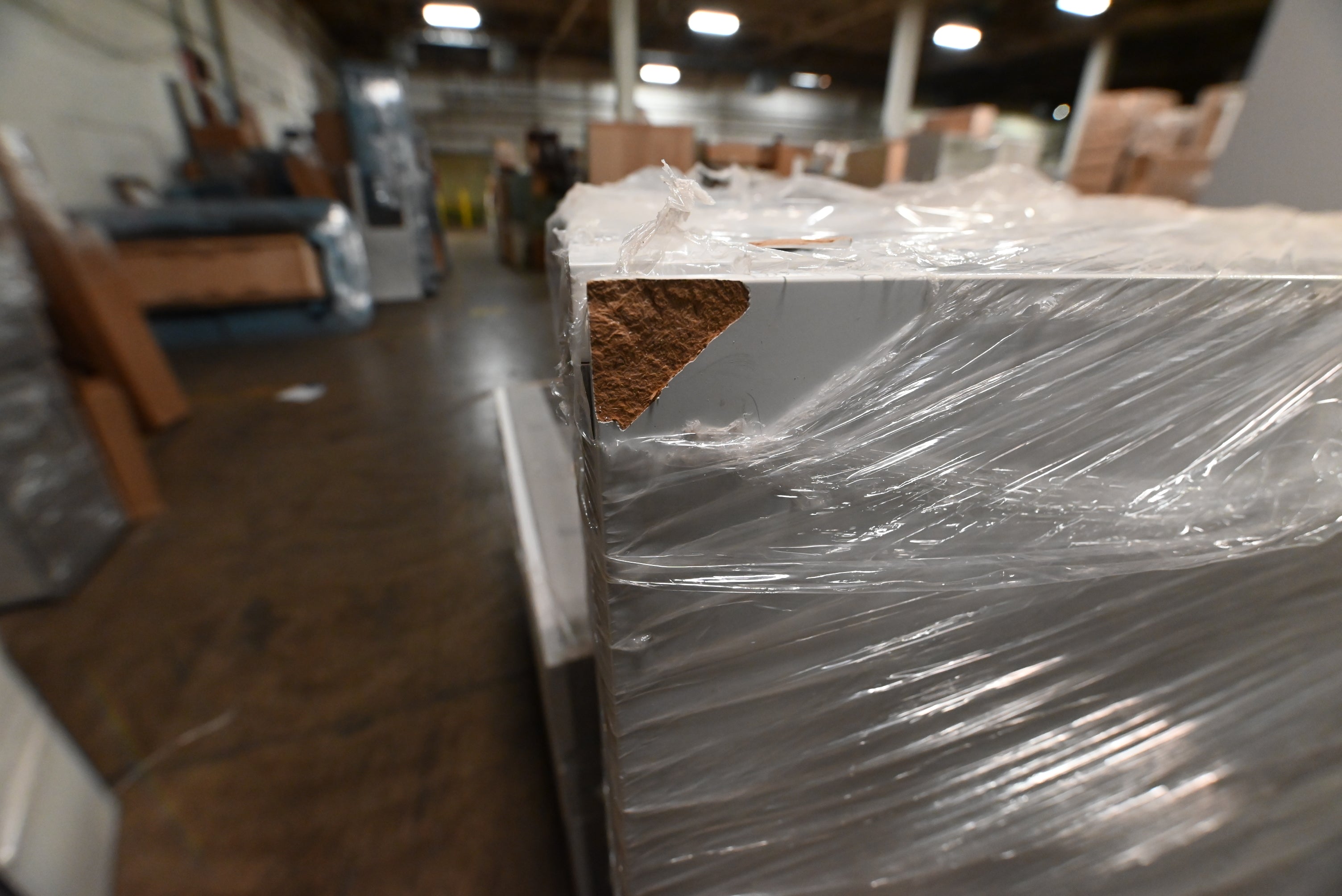 "The Strata" Modern White Textured Wood Kitchen with Island and Quartz Countertops