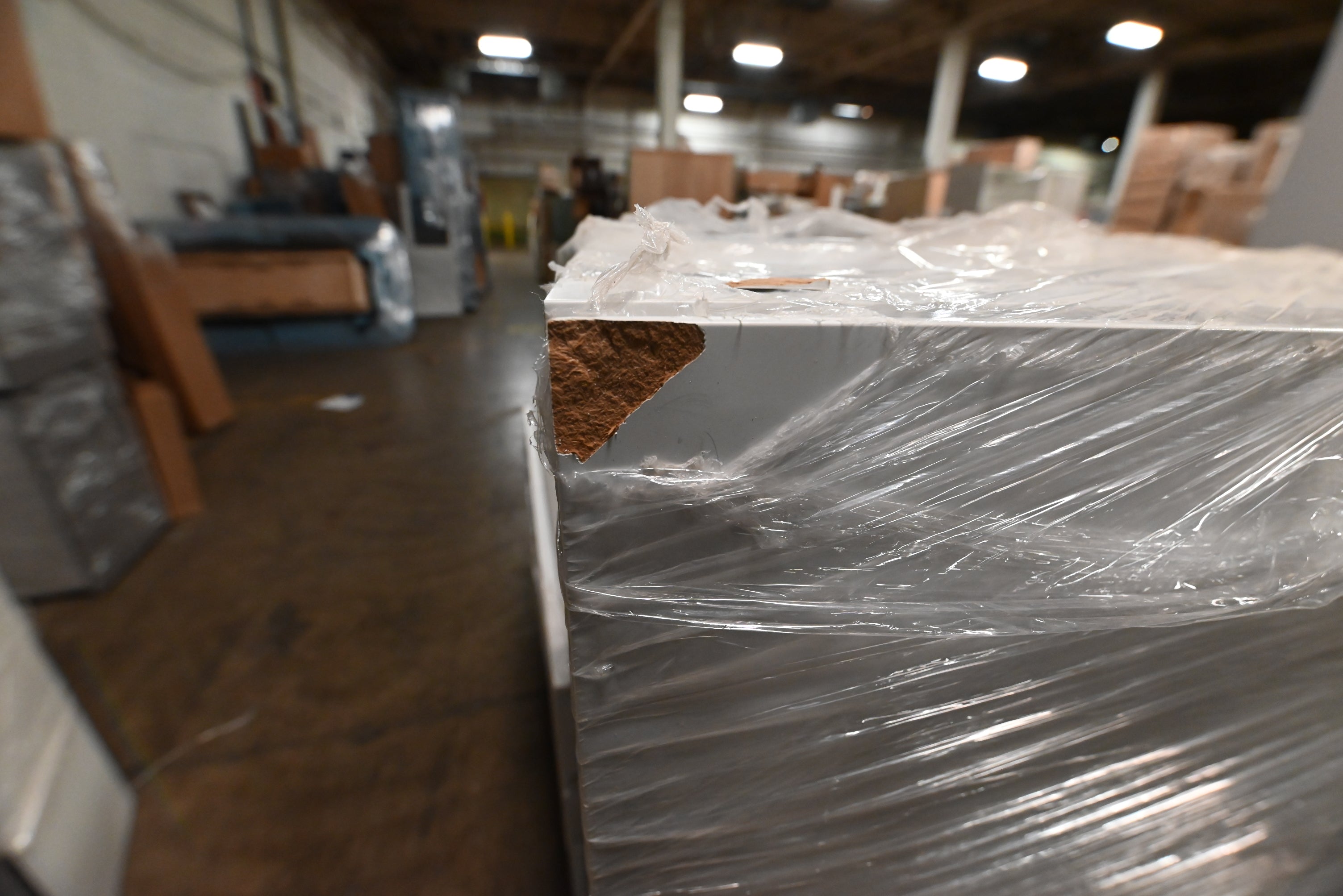 "The Strata" Modern White Textured Wood Kitchen with Island and Quartz Countertops