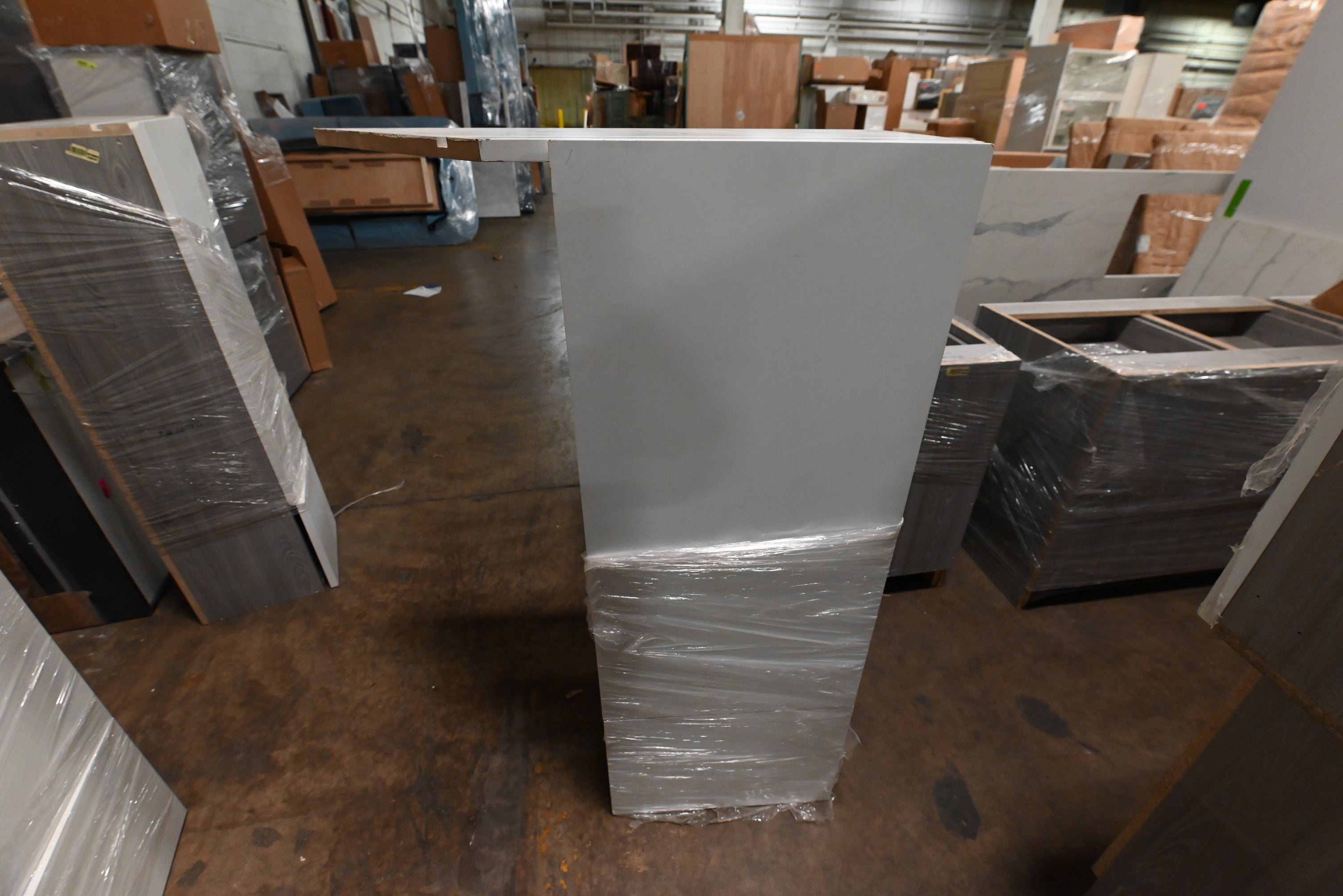 "The Strata" Modern White Textured Wood Kitchen with Island and Quartz Countertops