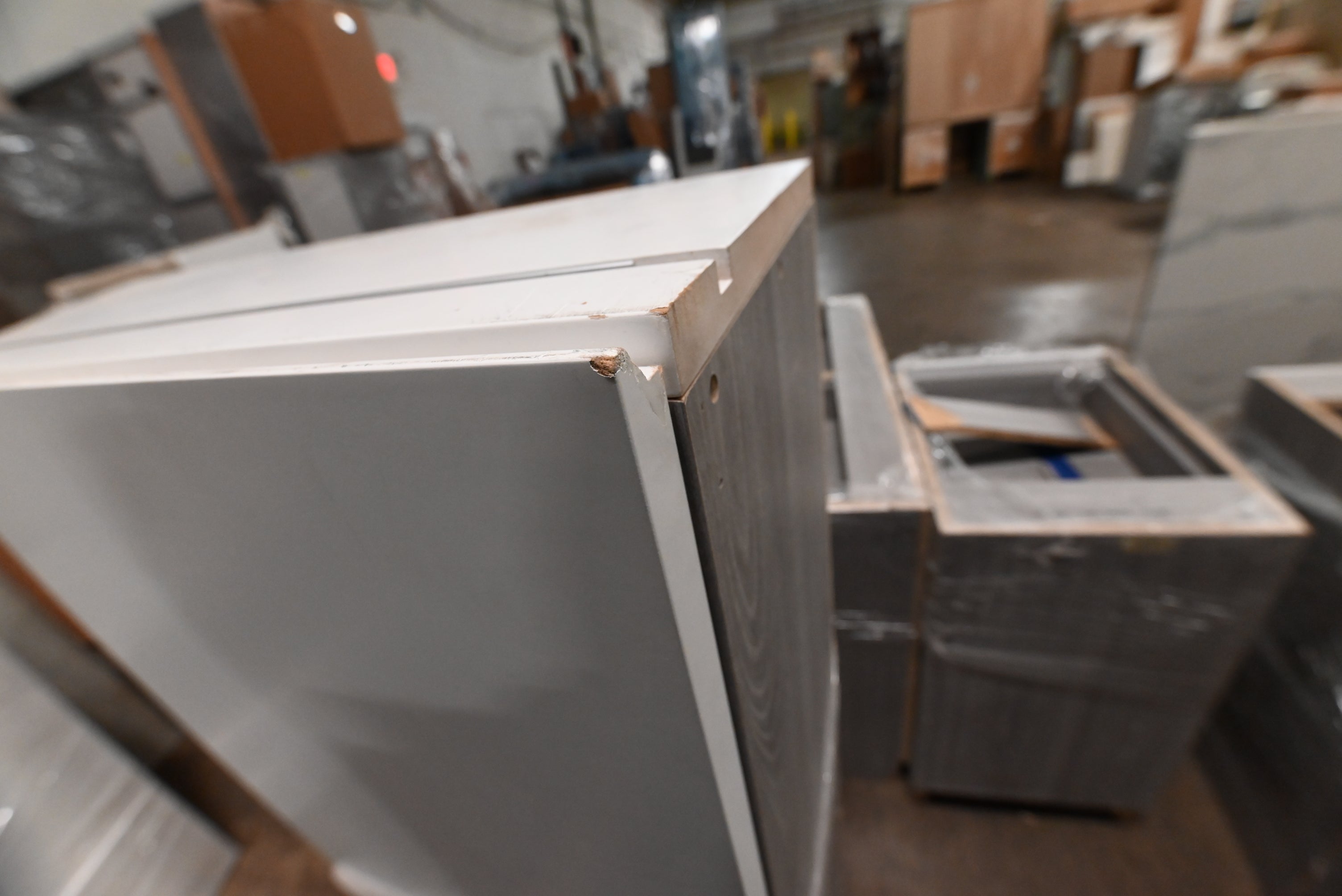 "The Strata" Modern White Textured Wood Kitchen with Island and Quartz Countertops