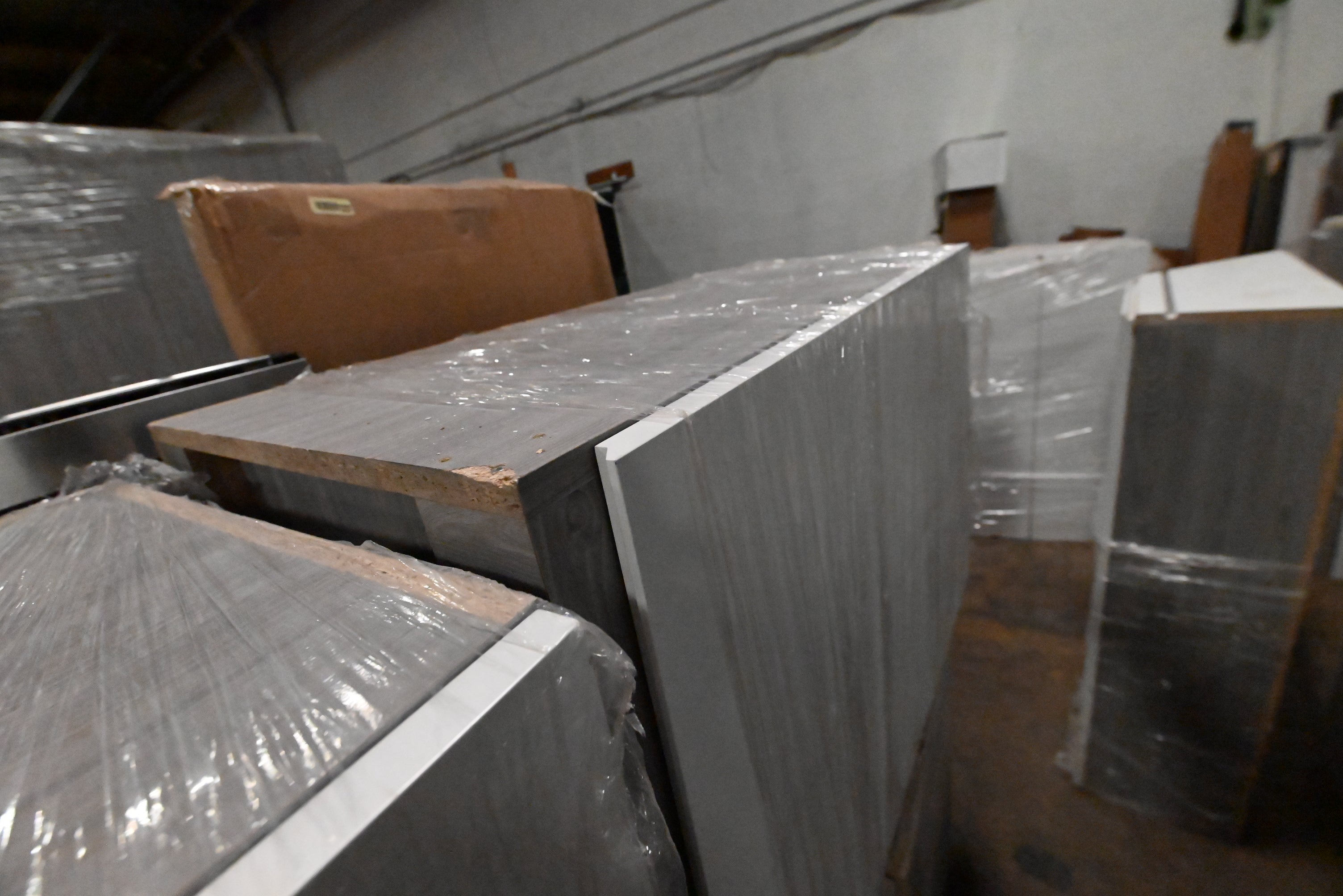 "The Strata" Modern White Textured Wood Kitchen with Island and Quartz Countertops