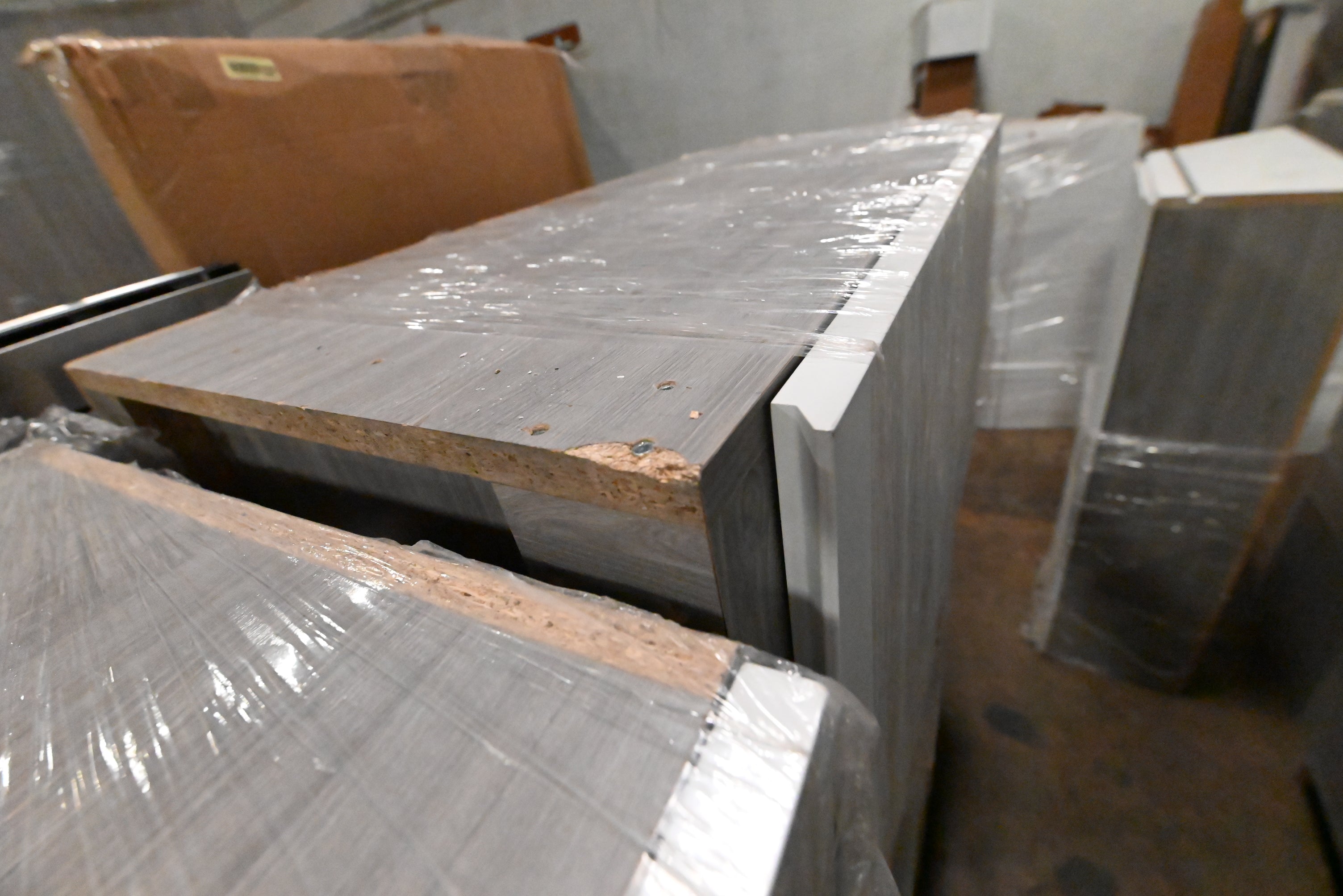 "The Strata" Modern White Textured Wood Kitchen with Island and Quartz Countertops