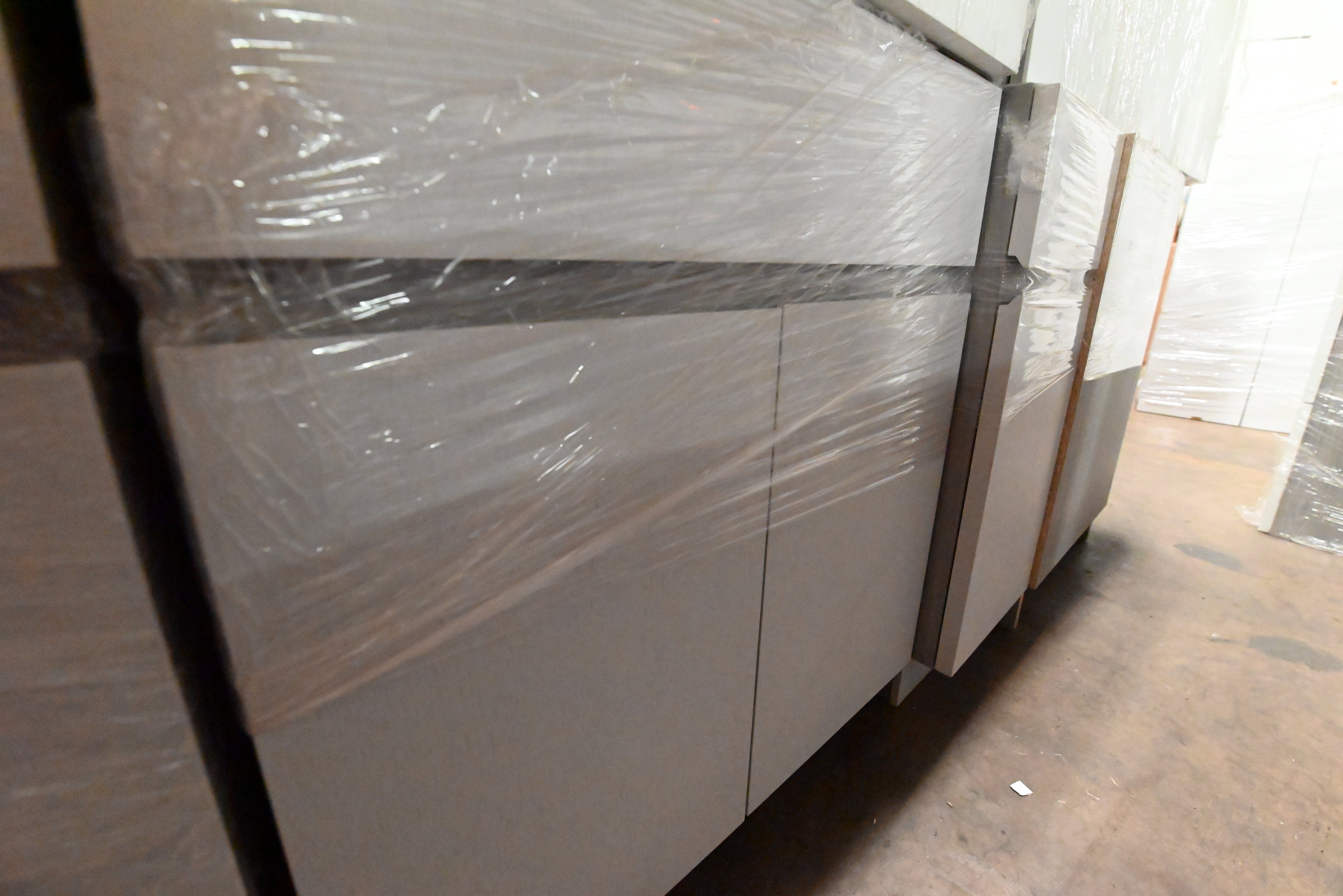 "The Strata" Modern White Textured Wood Kitchen with Island and Quartz Countertops