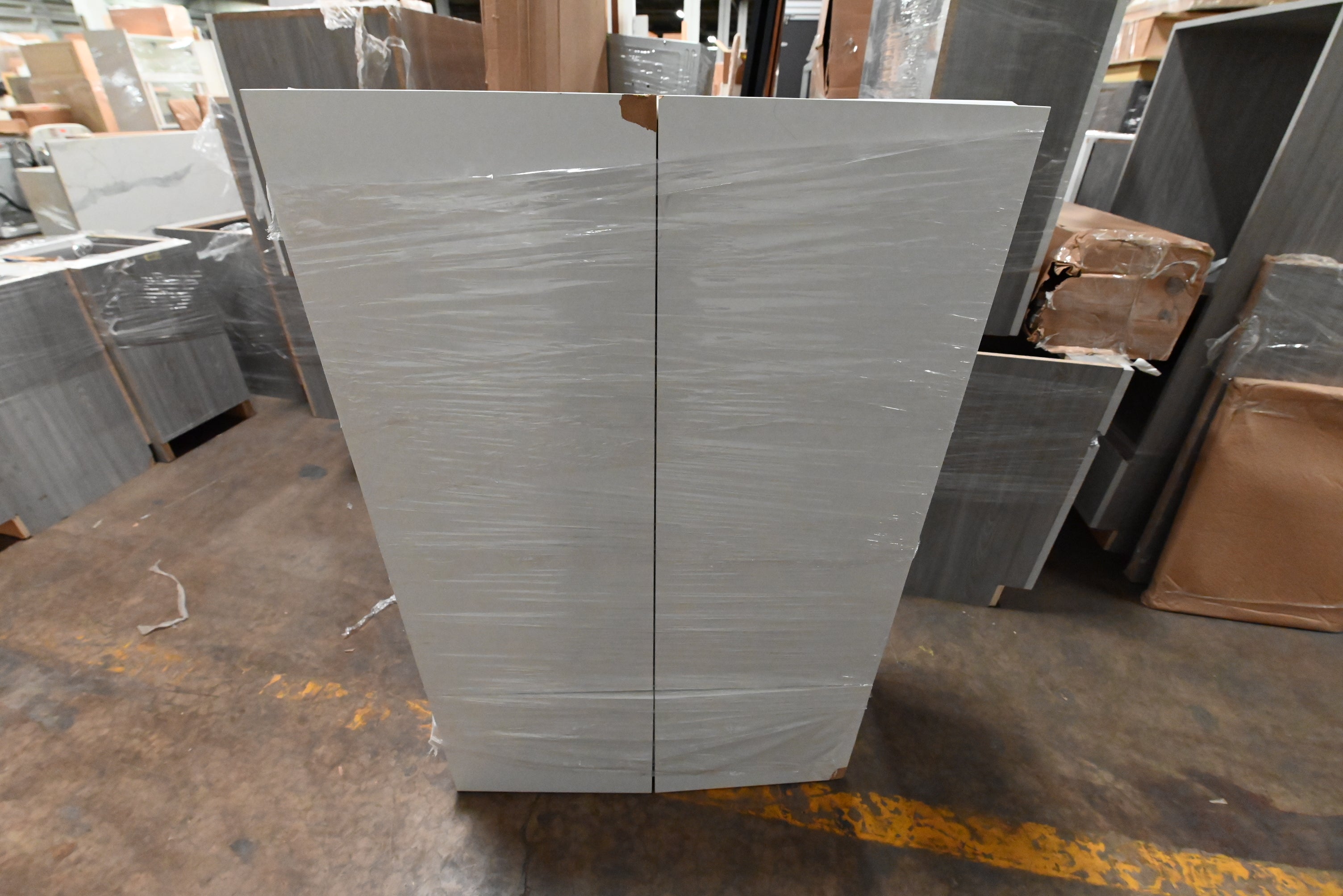 "The Strata" Modern White Textured Wood Kitchen with Island and Quartz Countertops