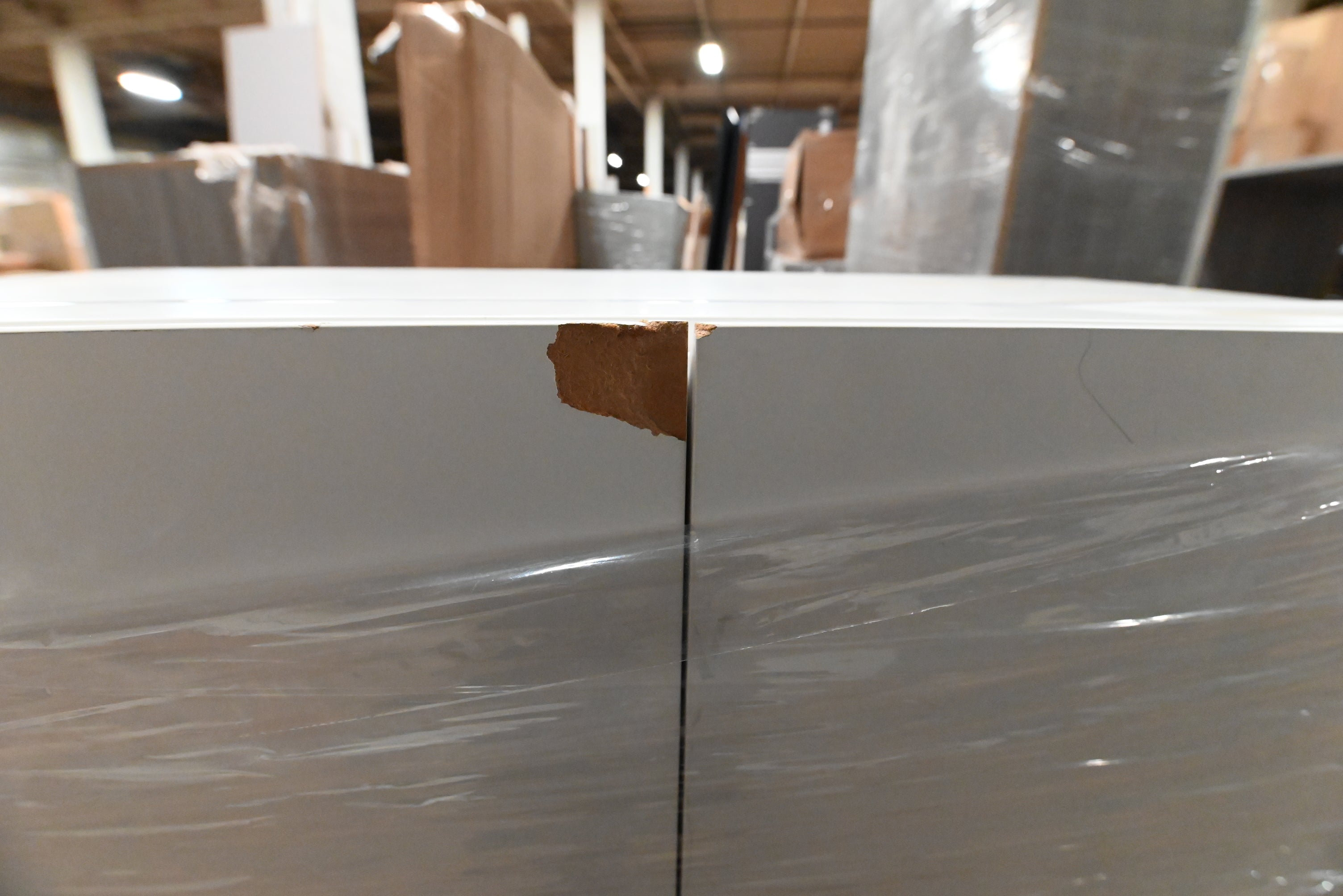 "The Strata" Modern White Textured Wood Kitchen with Island and Quartz Countertops