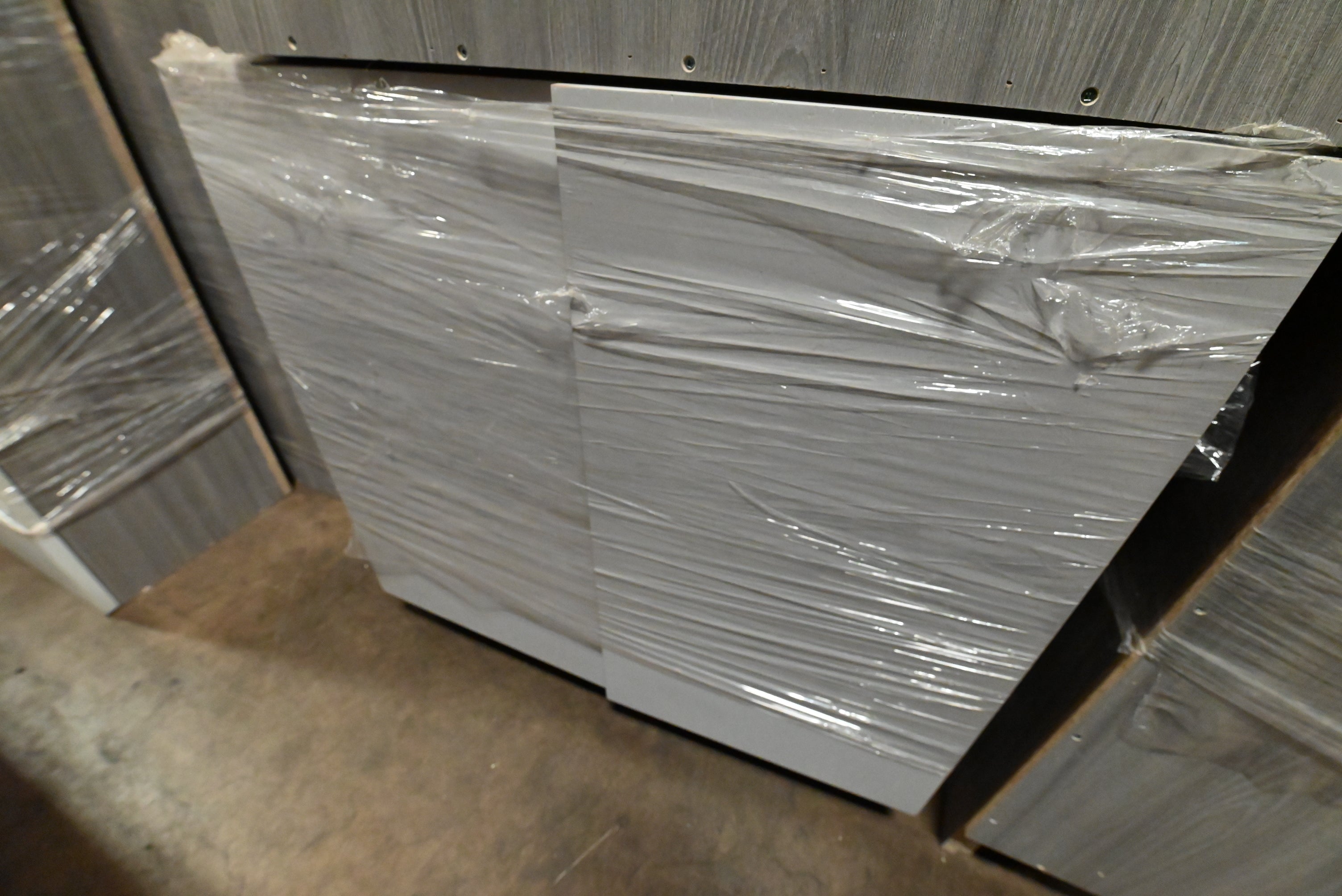 "The Strata" Modern White Textured Wood Kitchen with Island and Quartz Countertops