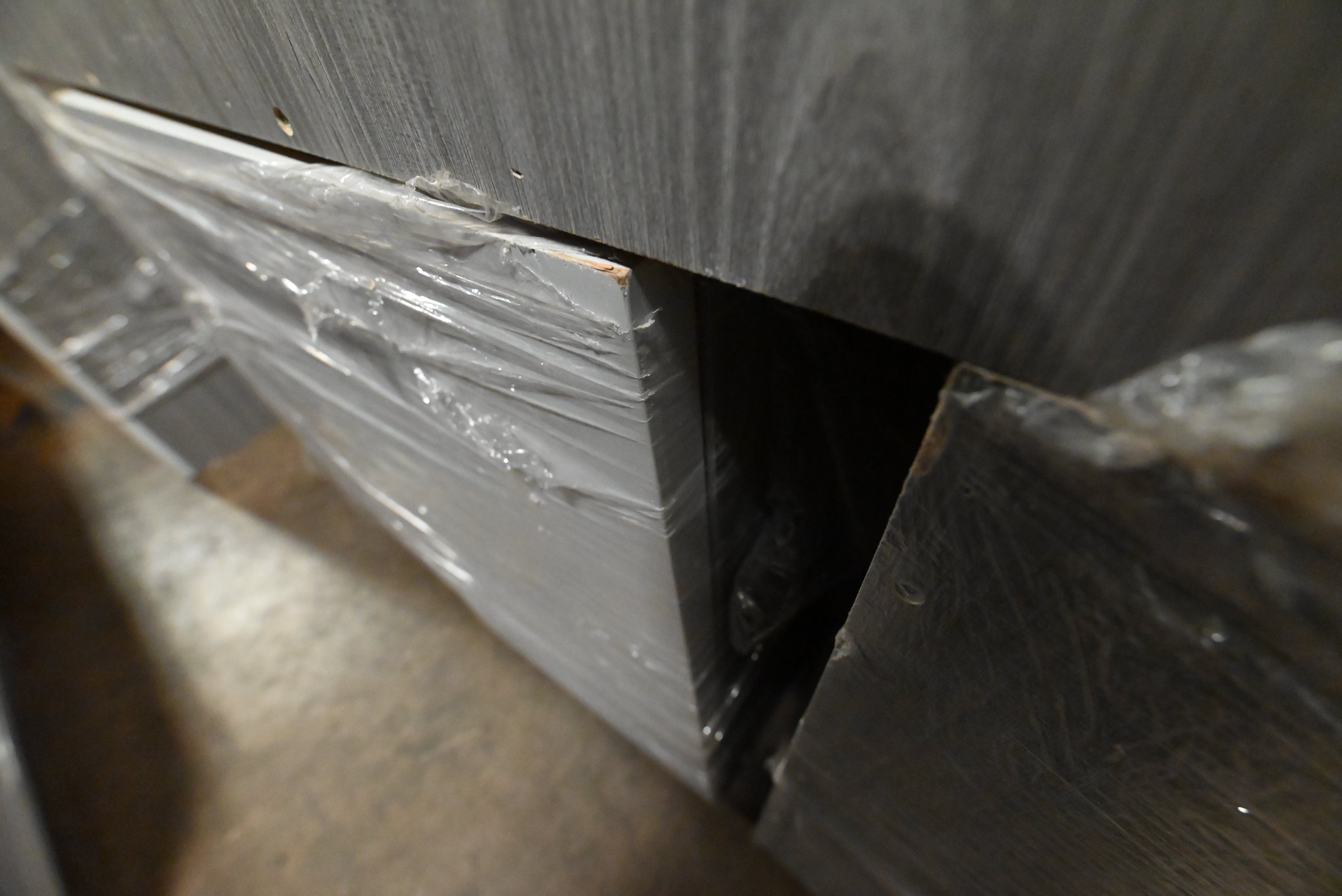 "The Strata" Modern White Textured Wood Kitchen with Island and Quartz Countertops