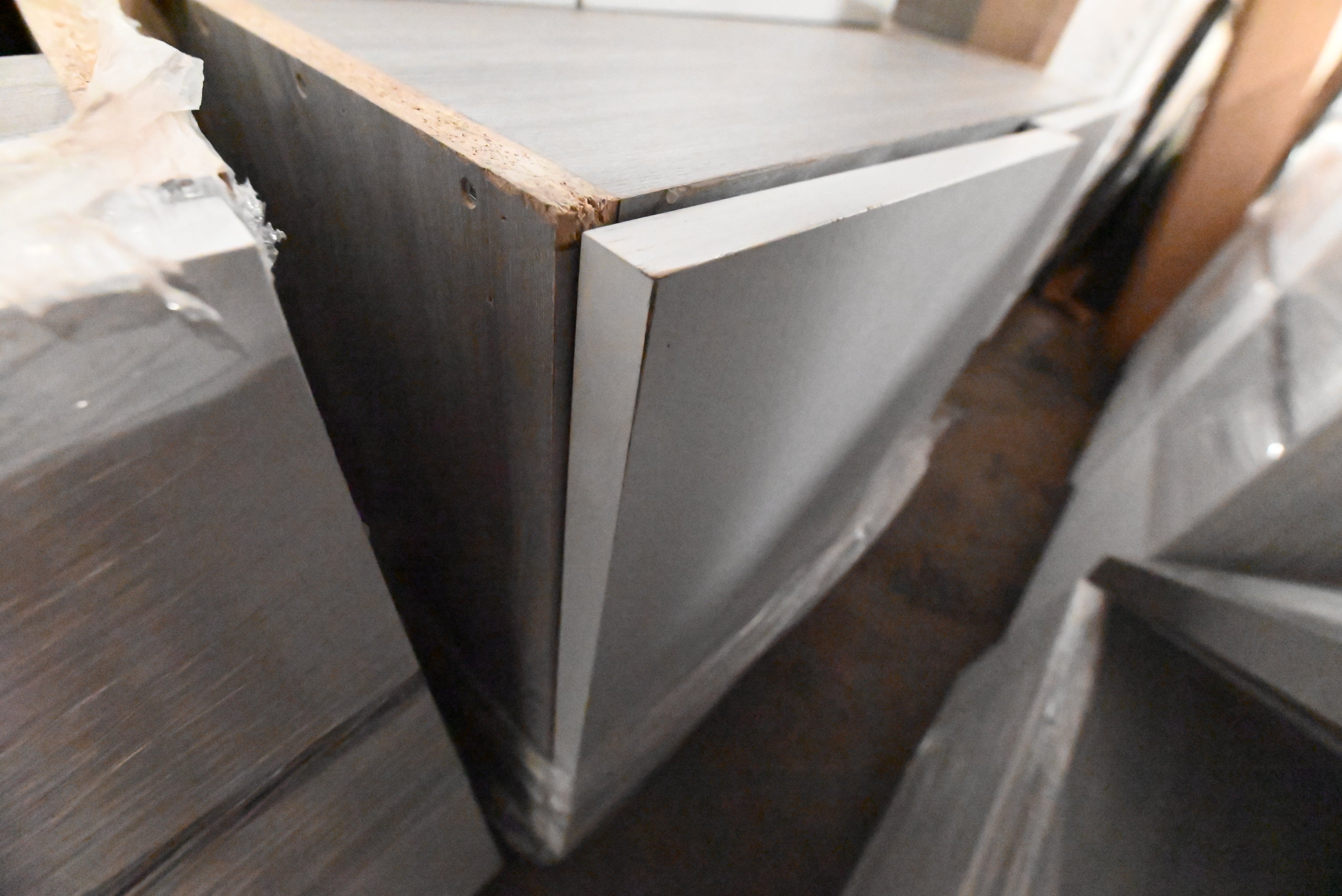 "The Strata" Modern White Textured Wood Kitchen with Island and Quartz Countertops