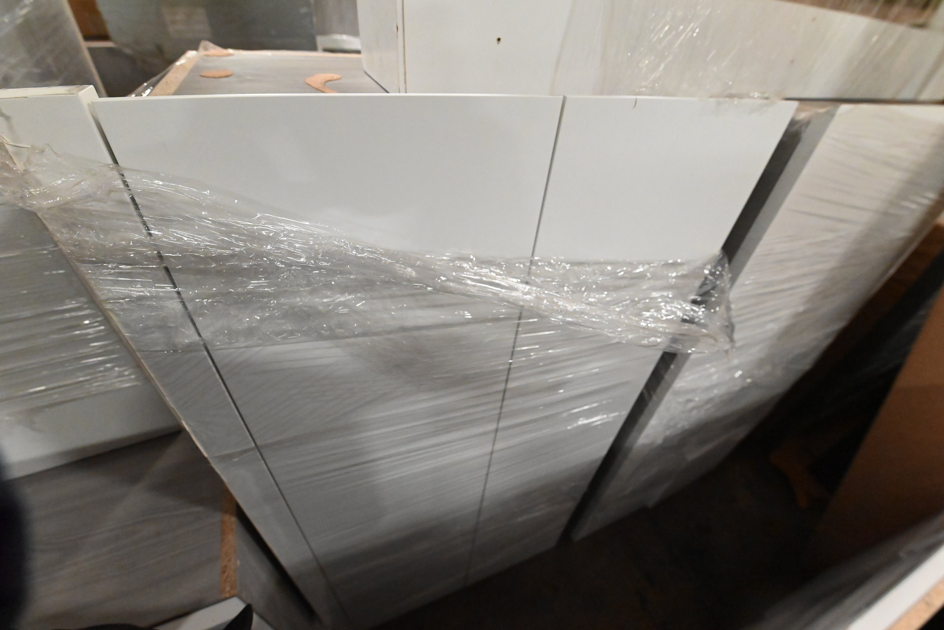 "The Strata" Modern White Textured Wood Kitchen with Island and Quartz Countertops