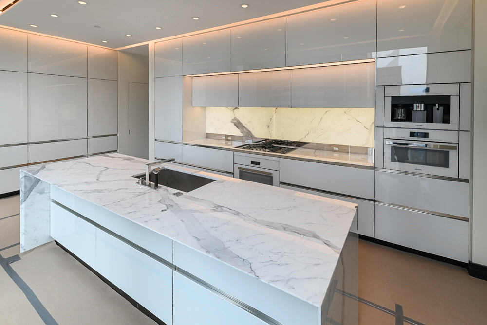Modern White Pre-Owned Kitchen with Marble Island and Appliances
