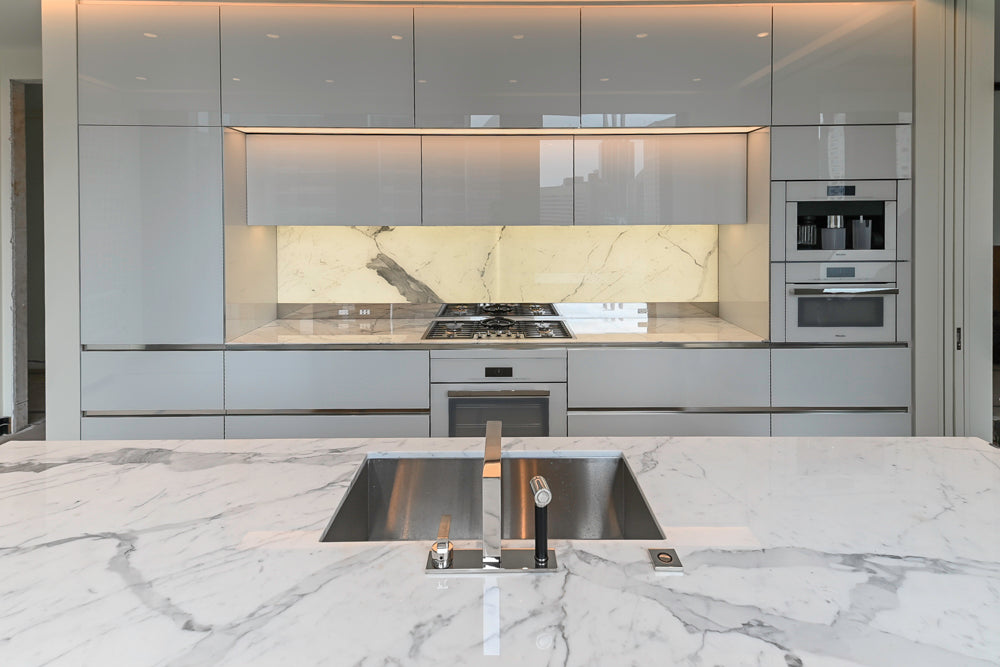 Modern White Pre-Owned Kitchen with Marble Island and Appliances