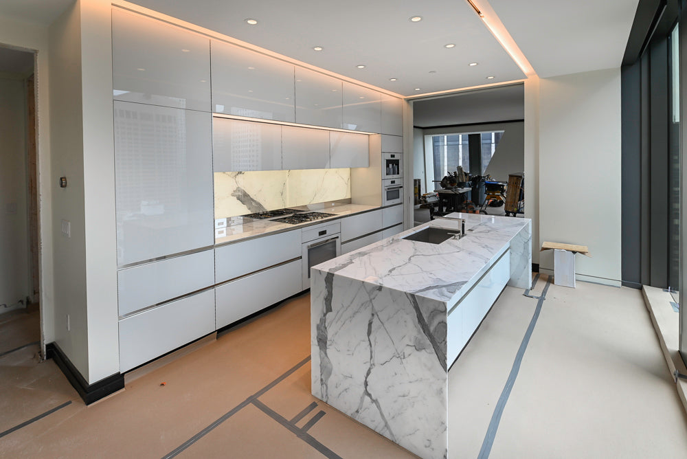 Modern White Pre-Owned Kitchen with Marble Island and Appliances